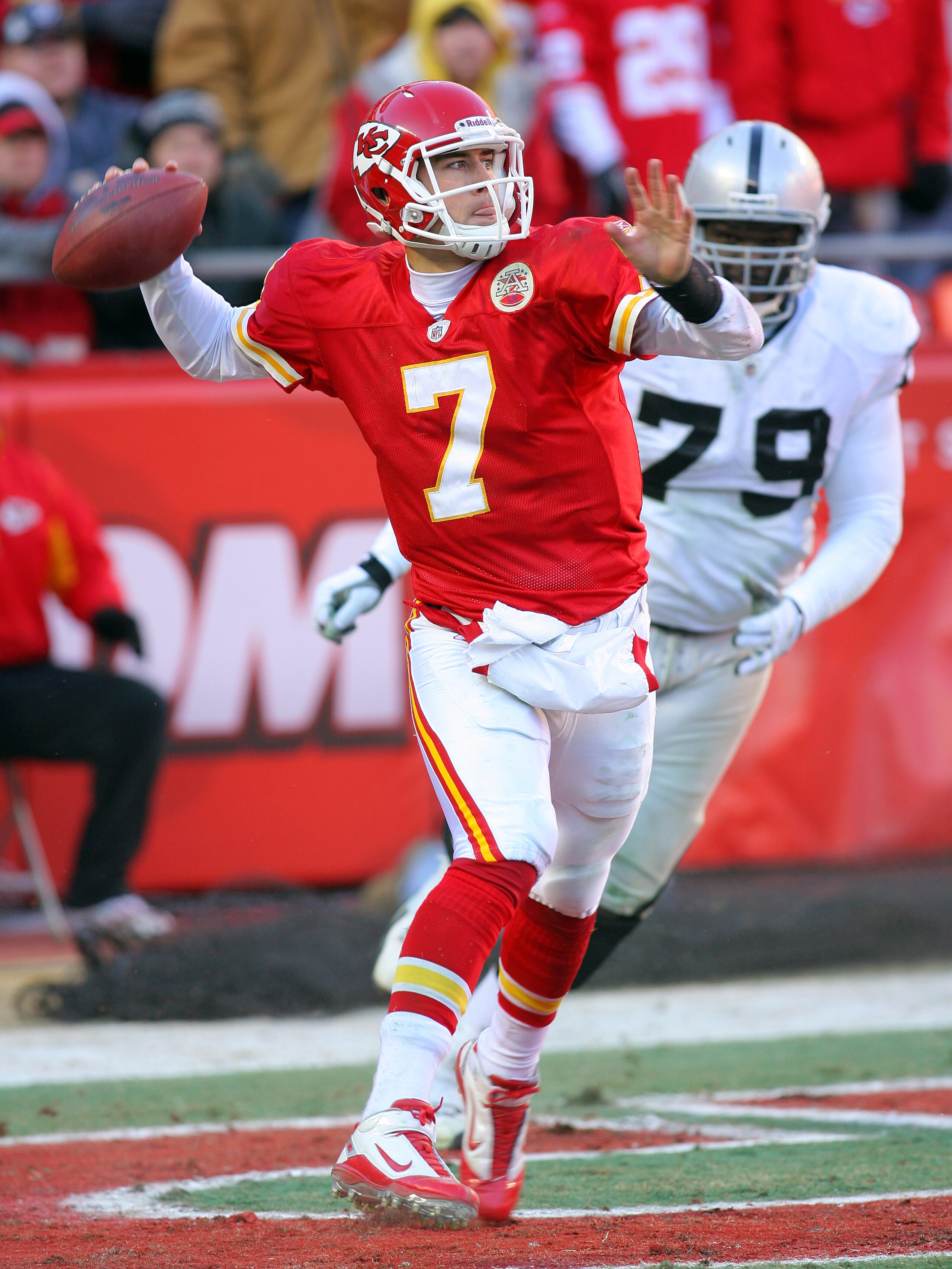 KANSAS CITY, MO - JANUARY 02: Quarterback Matt Cassel #7 of the Kansas City Chiefs throws an interception in a game against the Oakland Raiders at Arrowhead Stadium on January 2, 2011 in Kansas City, Missouri. The Raiders won 31-10 (Photo by Tim Umphrey KANSAS CITY, MO - JANUARY 02: Quarterback Matt Cassel #7 of the Kansas City Chiefs throws an interception in a game against the Oakland Raiders at Arrowhead Stadium on January 2, 2011 in Kansas City, Missouri. The Raiders won 31-10 (Photo by Tim Umphrey