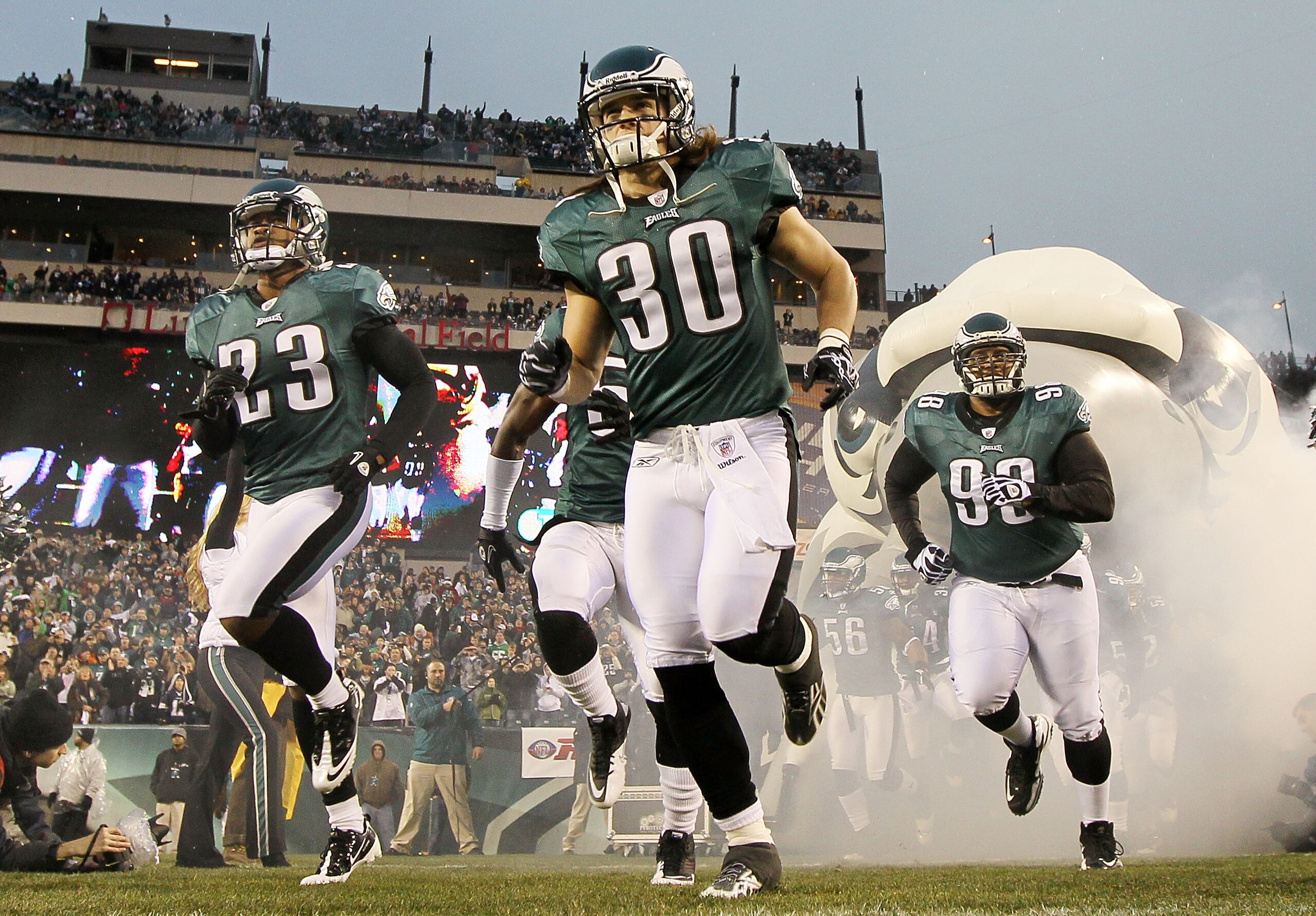 PHILADELPHIA, PA - JANUARY 02: Dimitri Patterson #23, Colt Anderson #30, and Mike Patterson #98 of the Philadelphia Eagles take the field to play against the Dallas Cowboys on January 2, 2011 at Lincoln Financial Field in Philadelphia, Pennsylvania. (Ph PHILADELPHIA, PA - JANUARY 02: Dimitri Patterson #23, Colt Anderson #30, and Mike Patterson #98 of the Philadelphia Eagles take the field to play against the Dallas Cowboys on January 2, 2011 at Lincoln Financial Field in Philadelphia, Pennsylvania. (Ph