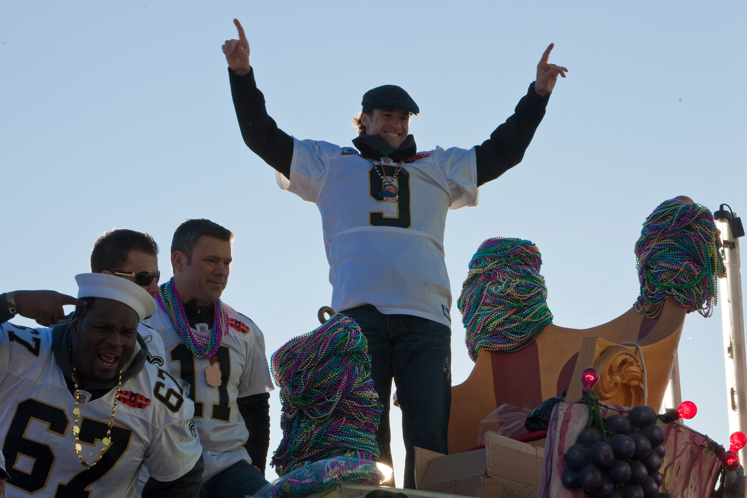 NEW ORLEANS - FEBRUARY 09: New Orleans Saints Quarterback Drew Brees #9 celebrates during the New Orleans Saints Super Bowl XLIV Victory Parade on February 9, 2010 in New Orleans, Louisiana. (Photo by Skip Bolen/Getty Images)
