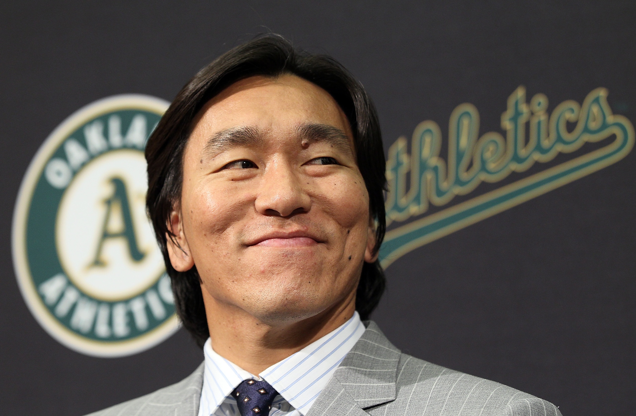 OAKLAND, CA - DECEMBER 14:  Hideki Matsui looks on during a press conference where he was introduced as the newest member of the Oakland Athletics at Oakland-Alameda County Coliseum on December 14, 2010 in Oakland, California.  The Oakland Athletics signe
