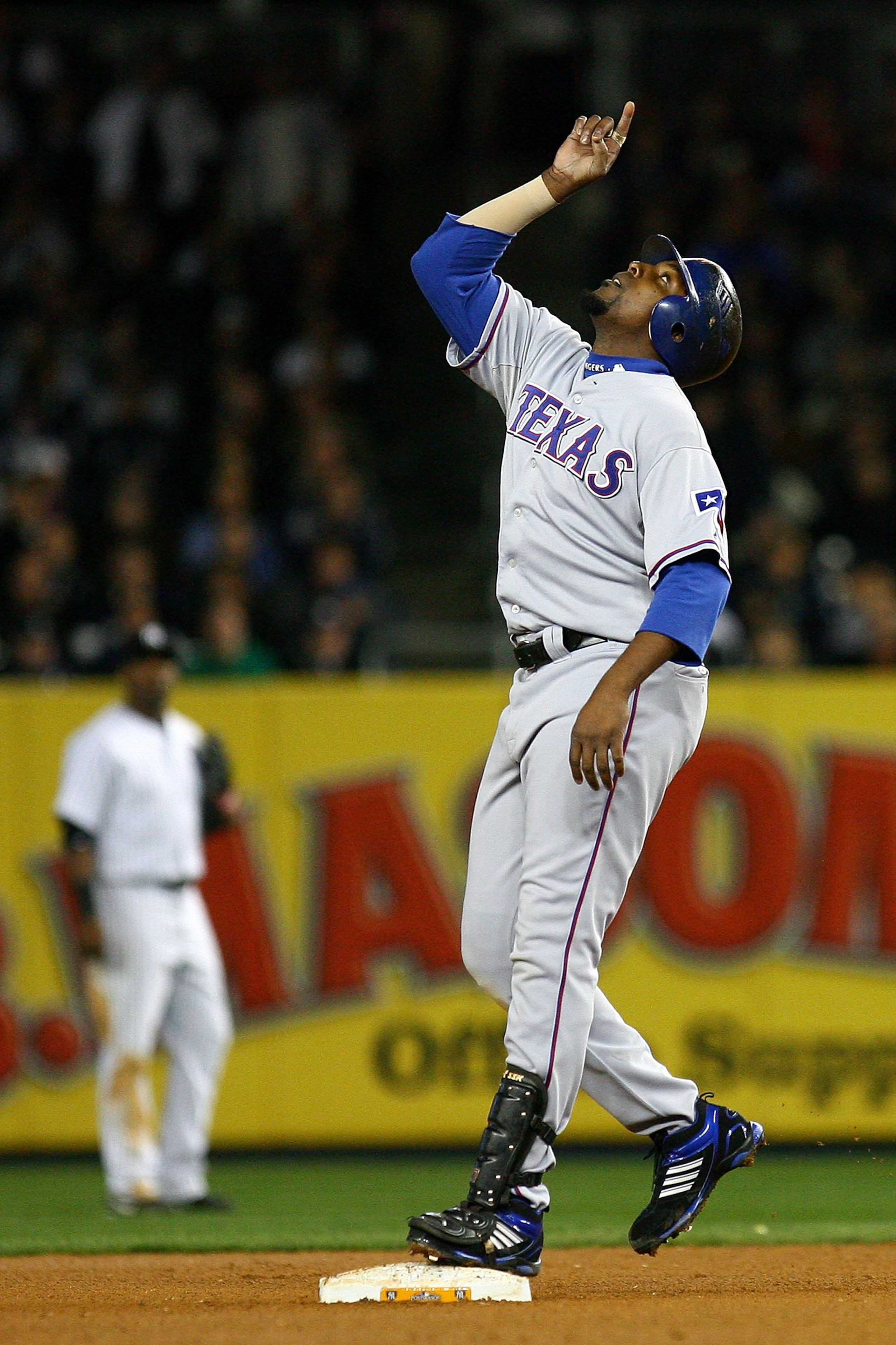 NEW YORK - OCTOBER 19: Vladimir Guerrero #27 of the Texas Rangers reacts after hitting a double against the New York Yankees in Game Four of the ALCS during the 2010 MLB Playoffs at Yankee Stadium on October 19, 2010 in the Bronx borough of New York City NEW YORK - OCTOBER 19: Vladimir Guerrero #27 of the Texas Rangers reacts after hitting a double against the New York Yankees in Game Four of the ALCS during the 2010 MLB Playoffs at Yankee Stadium on October 19, 2010 in the Bronx borough of New York City