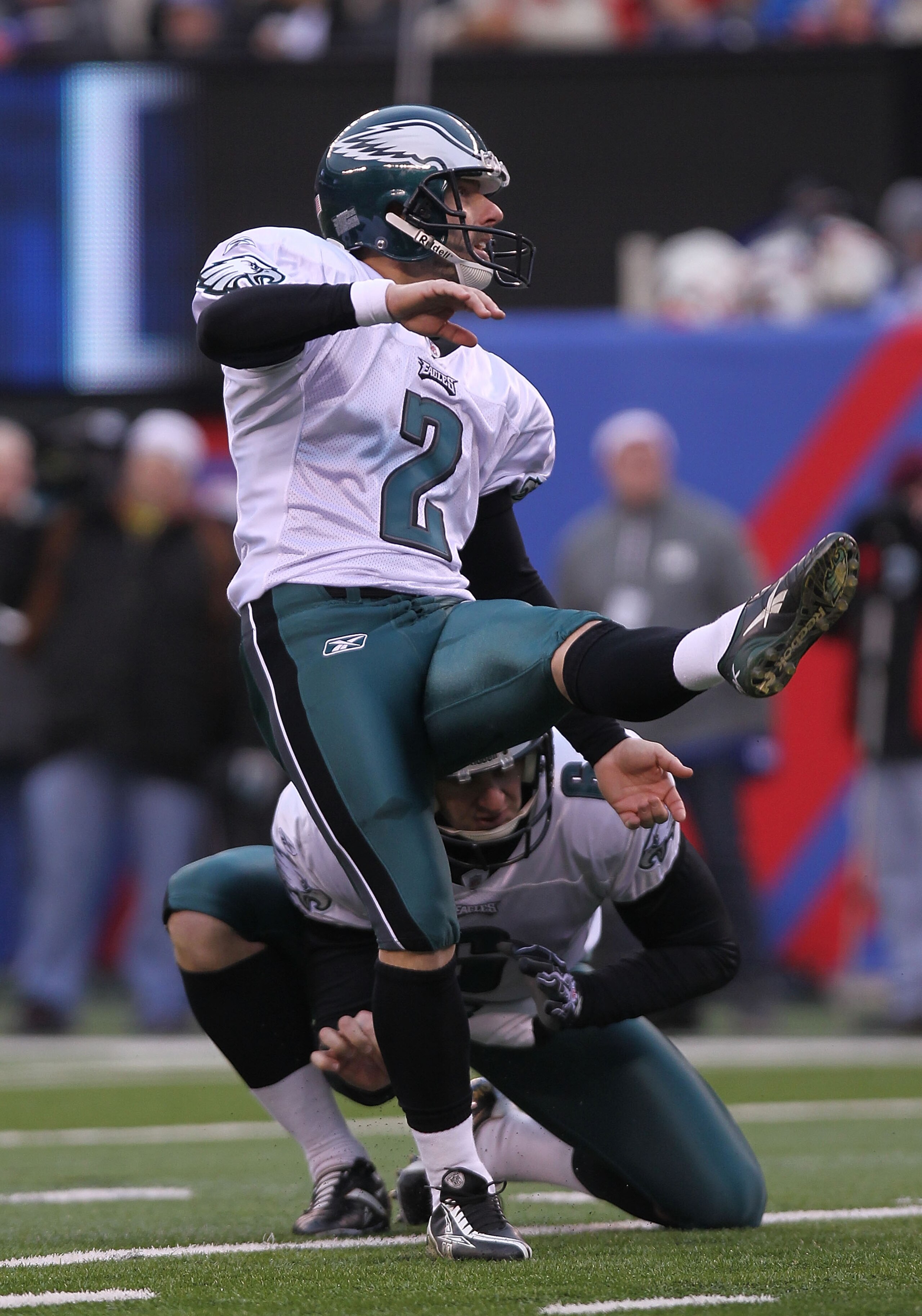 EAST RUTHERFORD, NJ - DECEMBER 19:  David Akers #2 of the Philadelphia Eagles kicks against the New York Giants at New Meadowlands Stadium on December 19, 2010 in East Rutherford, New Jersey.  (Photo by Nick Laham/Getty Images)