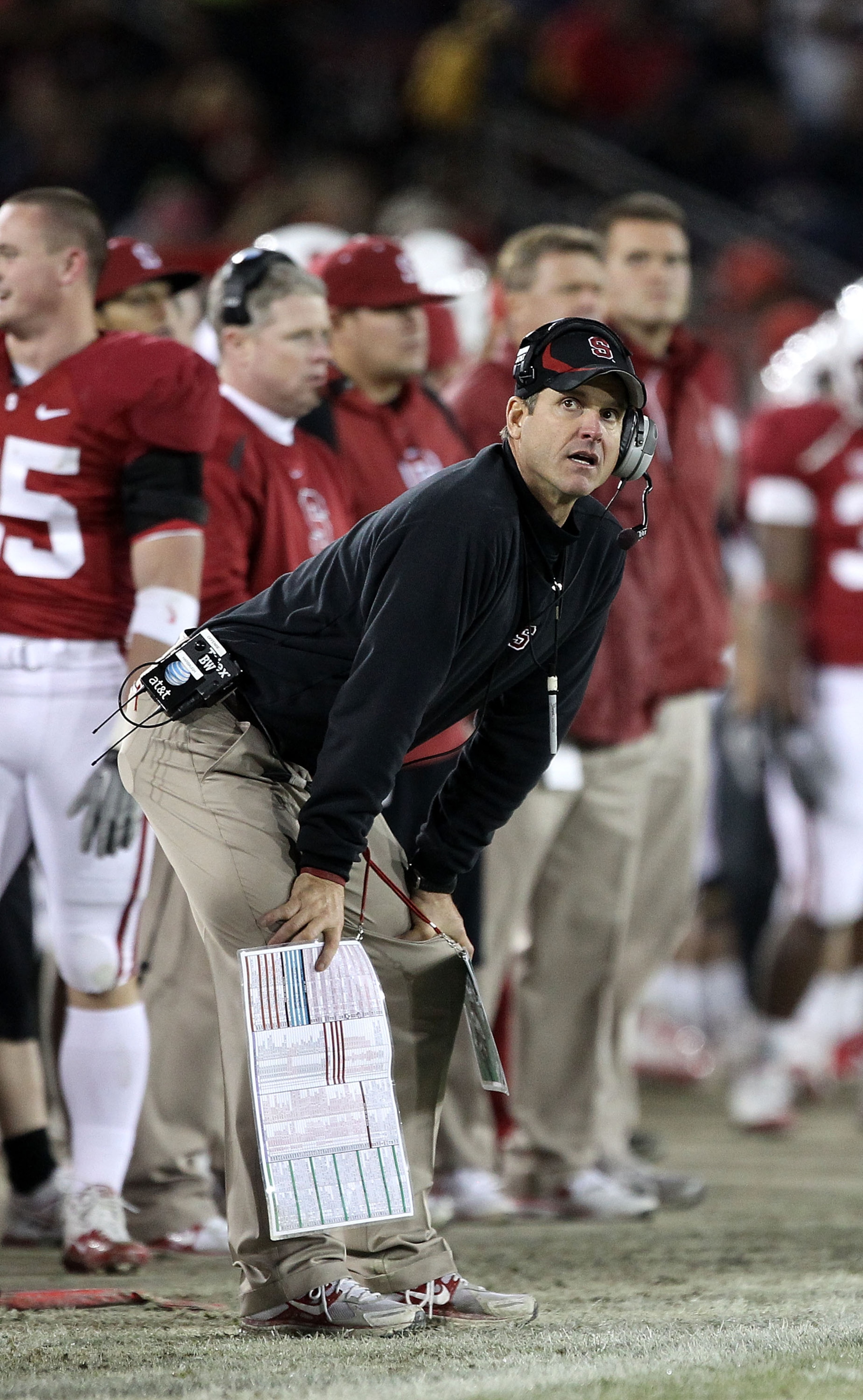 PALO ALTO, CA - NOVEMBER 27:  Head coach Jim Harbaugh of the Stanford Cardinal watches his team play the Oregon State Beavers at Stanford Stadium on November 27, 2010 in Palo Alto, California.  (Photo by Ezra Shaw/Getty Images)