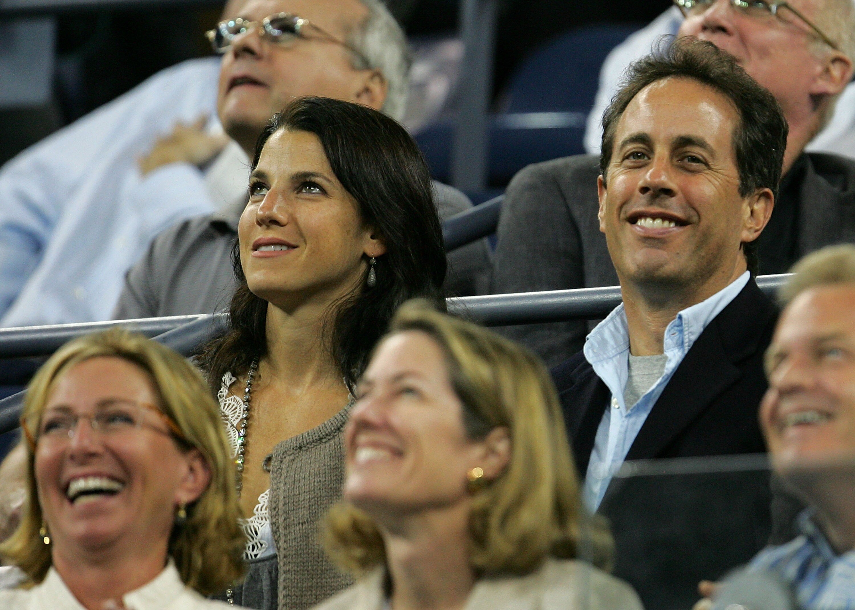 NEW YORK - SEPTEMBER 05:  Comedian Jerry Seinfeld (R) and his wife Jessica attend the match between Venus Williams and Jelena Jankovic of Serbia on day ten of the 2007 U.S. Open at the Billie Jean King National Tennis Center on September 5, 2007 in the Fl