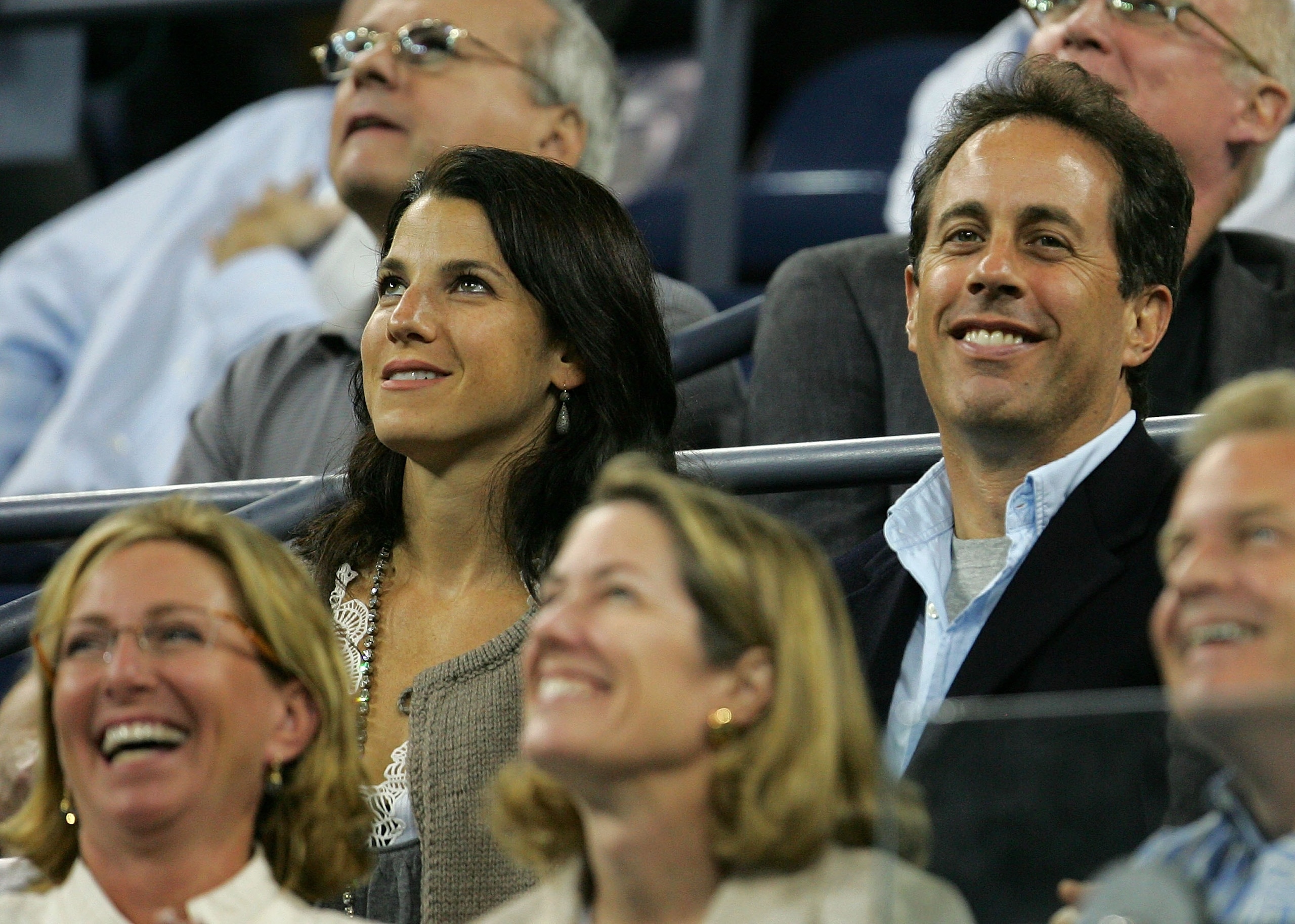 NEW YORK - SEPTEMBER 05:  Comedian Jerry Seinfeld (R) and his wife Jessica attend the match between Venus Williams and Jelena Jankovic of Serbia on day ten of the 2007 U.S. Open at the Billie Jean King National Tennis Center on September 5, 2007 in the Fl