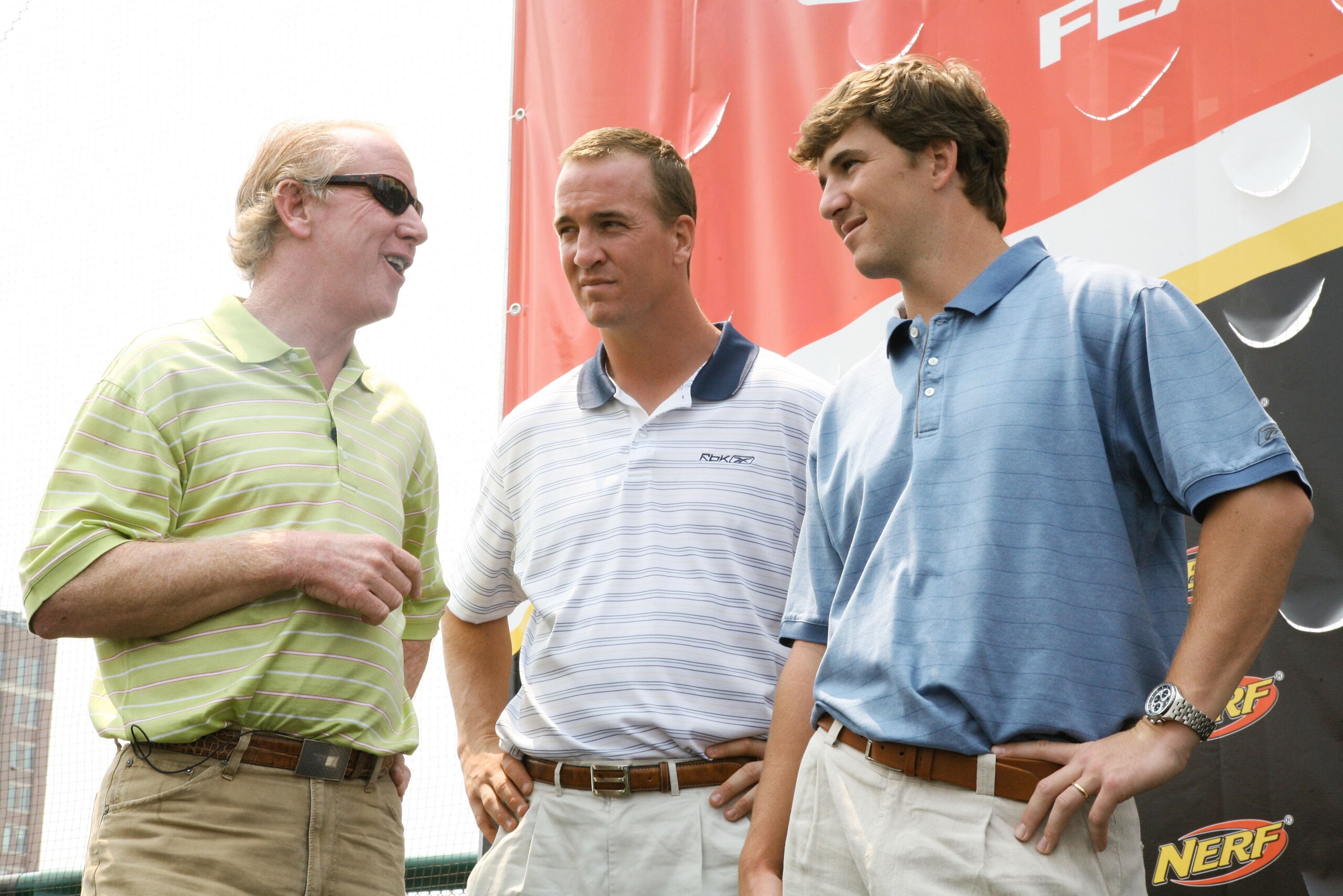 NEW YORK - JUNE 14:  (L-R) Archie Manning talks to sons Indianapolis Colts quarterback Peyton Manning and New York Giants quarterback Eli Manning at the NERF Father's Day Football Throwdown on June 14, 2008 at Chelsea Piers in New York City.  (Photo by As