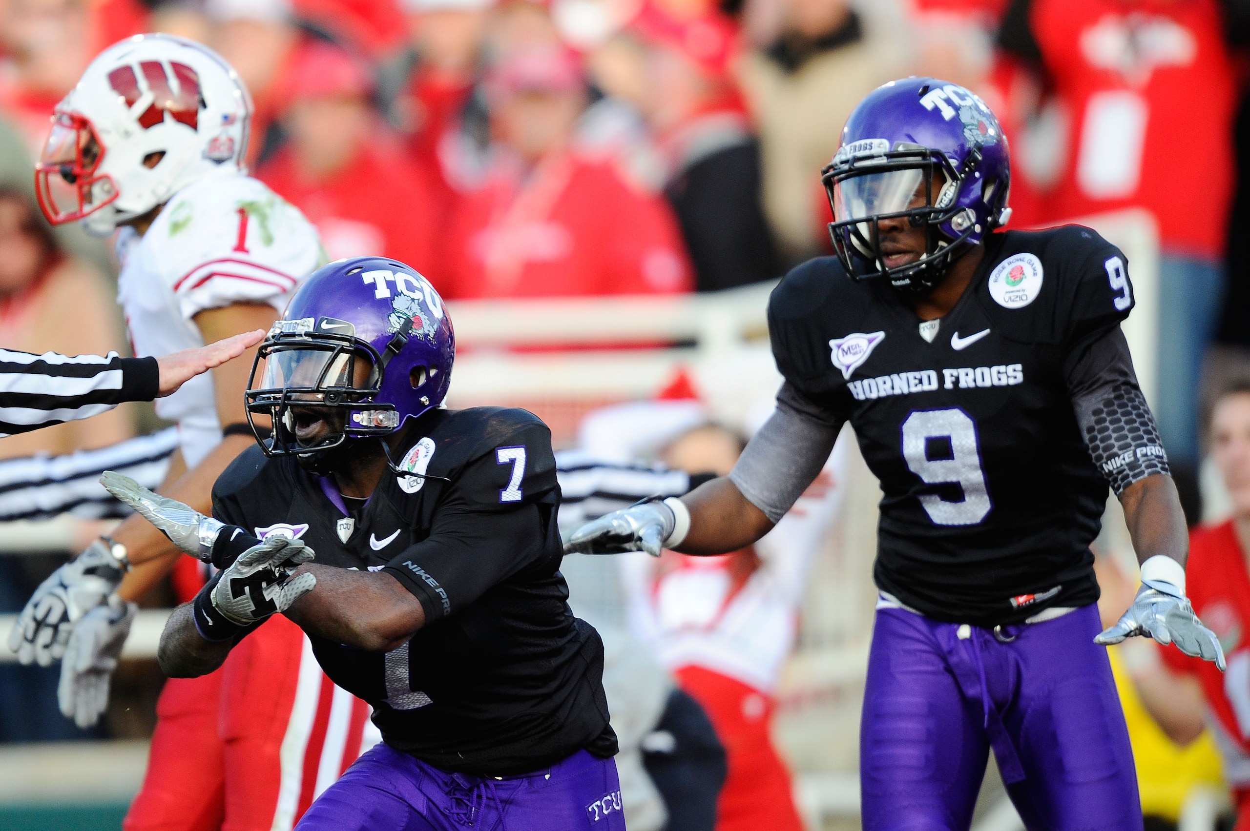 PASADENA, CA - JANUARY 01:  Cornerback Greg McCoy #7 of the TCU Horned Frogs celebrates after defending a pass by the Wisconsin Badgers during the 97th Rose Bowl game on January 1, 2011 in Pasadena, California.  (Photo by Kevork Djansezian/Getty Images)