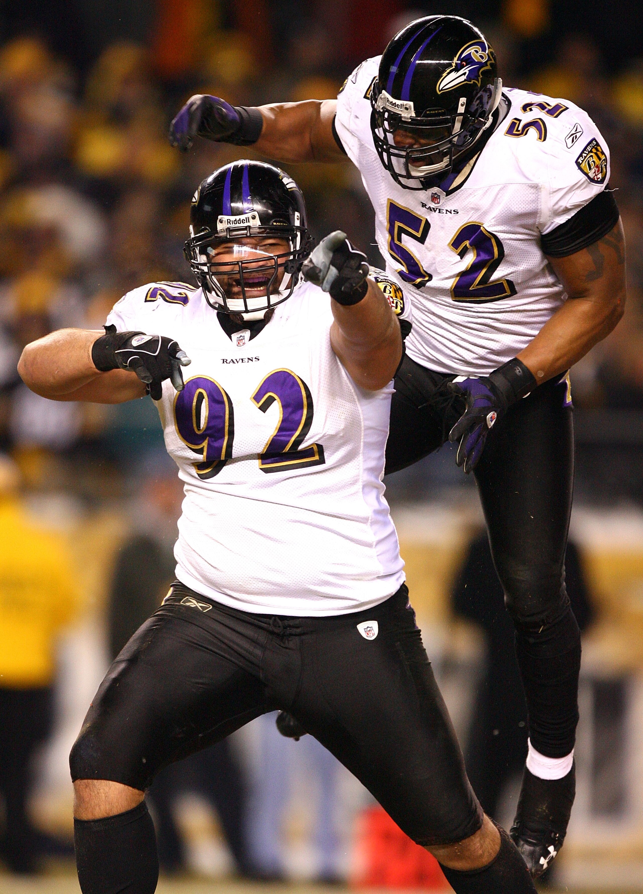 PITTSBURGH - JANUARY 18:  Haloti Ngata #92 and Ray Lewis #52 of the Baltimore Ravens celebrate after Ngata recorded a sack in the first quarter against the Pittsburgh Steelers during the AFC Championship game on January 18, 2009 at Heinz Field in Pittsbur