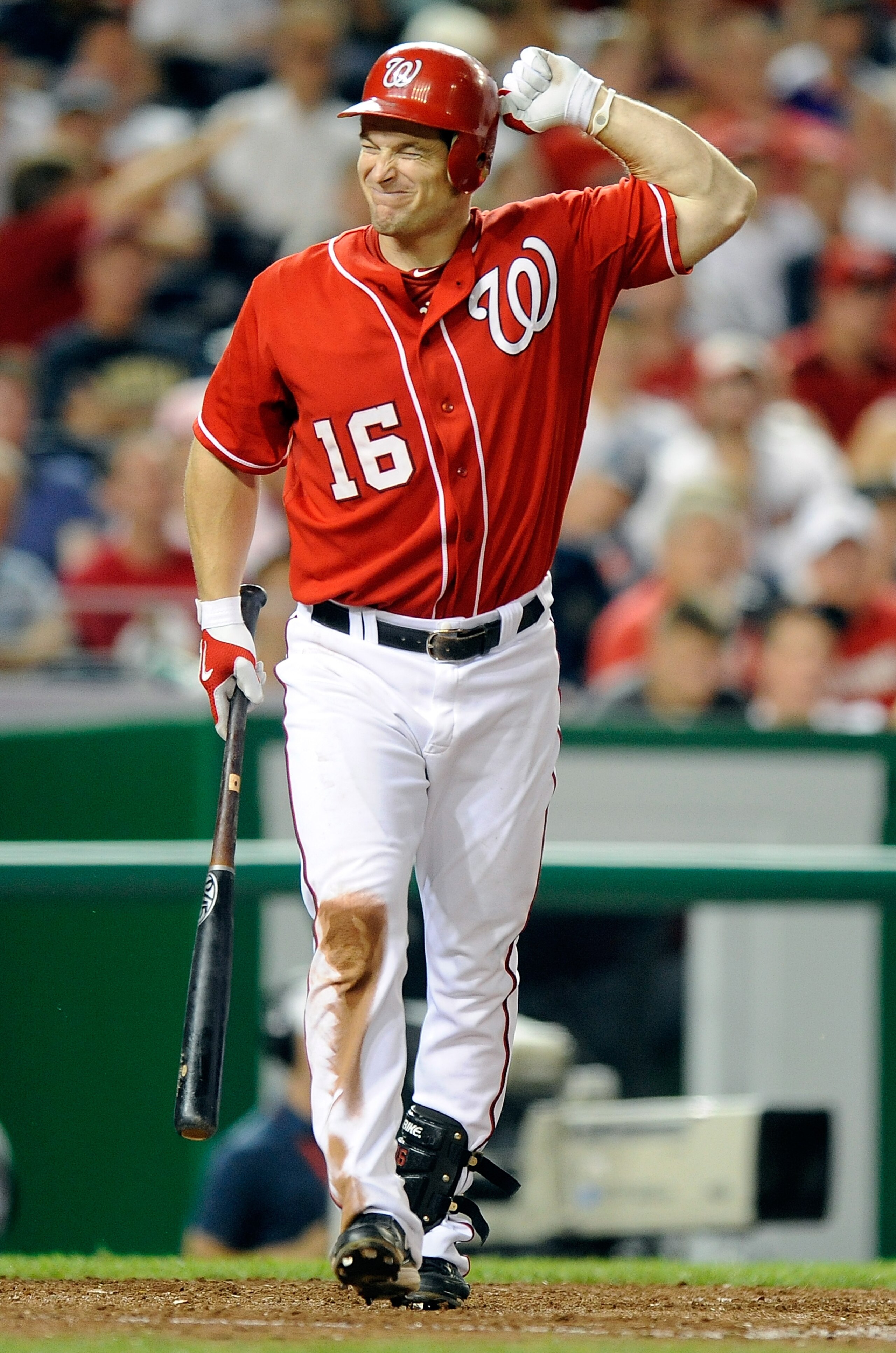 WASHINGTON - JUNE 05:  Josh Willingham #16 of the Washington Nationals winces after being hit by a pitch during the game against the Cincinnati Reds at Nationals Park on June 5, 2010 in Washington, DC.  (Photo by Greg Fiume/Getty Images)