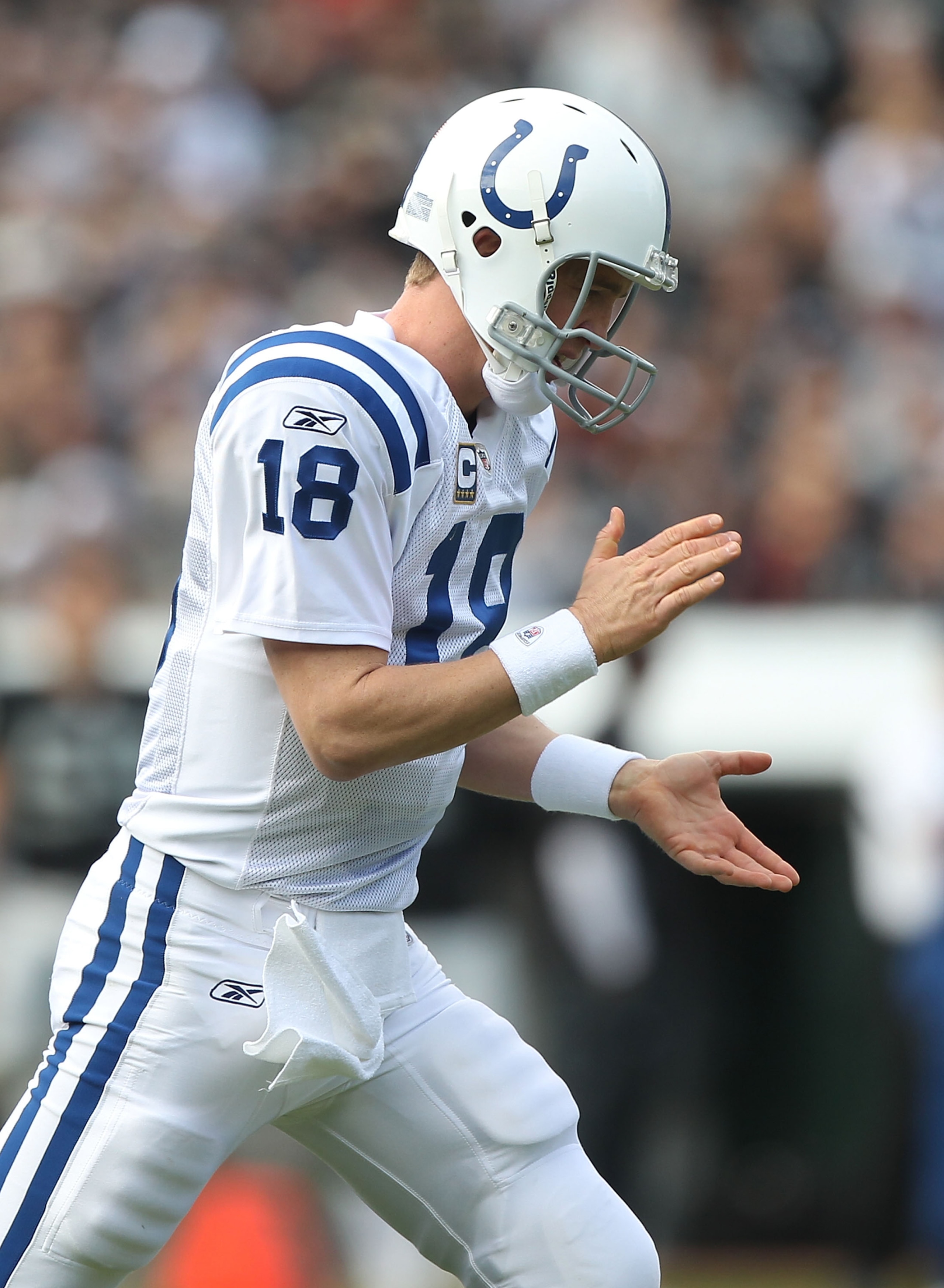 OAKLAND, CA - DECEMBER 26:  Peyton Manning #18 of the Indianapolis Colts celebrates after a Joseph Addai touchdown against the Oakland Raiders during an NFL game at Oakland-Alameda County Coliseum on December  26, 2010 in Oakland, California.  (Photo by J