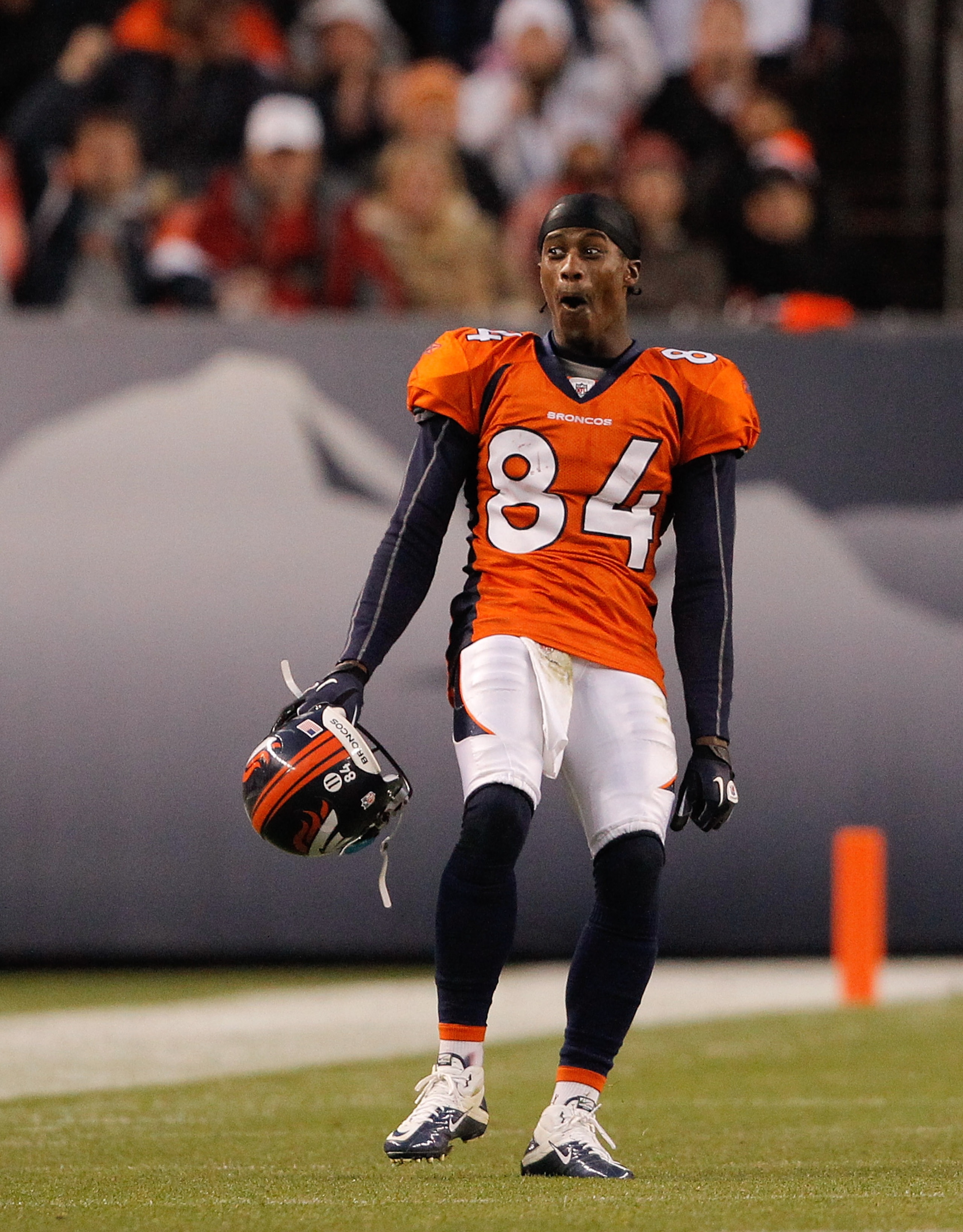 DENVER - NOVEMBER 14:  Wide receiver Brandon Lloyd #84 of the Denver Broncos reacts as his touchdown reception was confirmed by instant replay during the fourth quarter against the Kansas City Chiefs at INVESCO Field at Mile High on November 14, 2010 in D