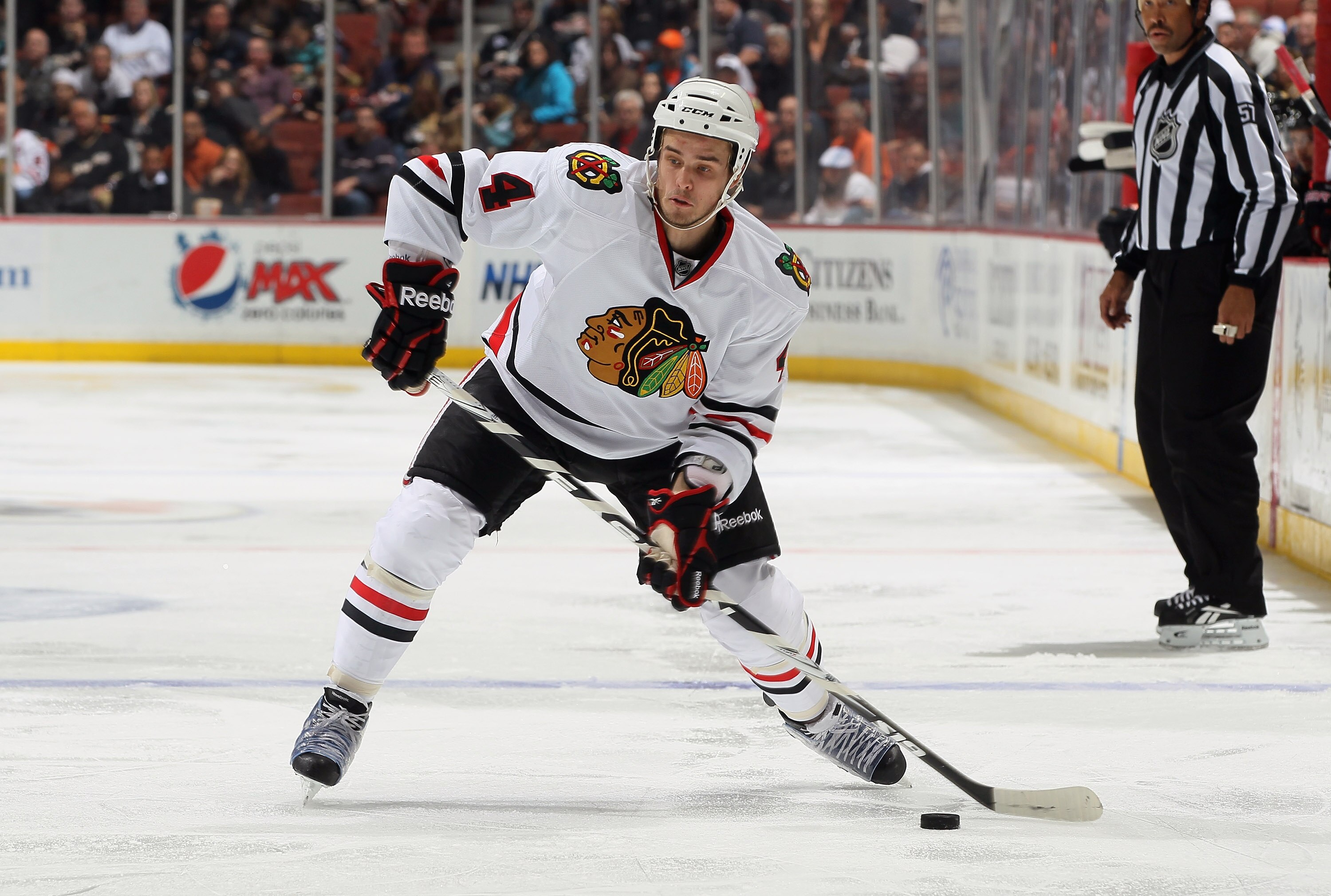 ANAHEIM, CA - NOVEMBER 26:  Niklas Hjalmarsson #4 of the Chicago Blackhawks skates against the Anaheim Ducks at the Honda Center on November 26, 2010 in Anaheim, California.  (Photo by Jeff Gross/Getty Images)