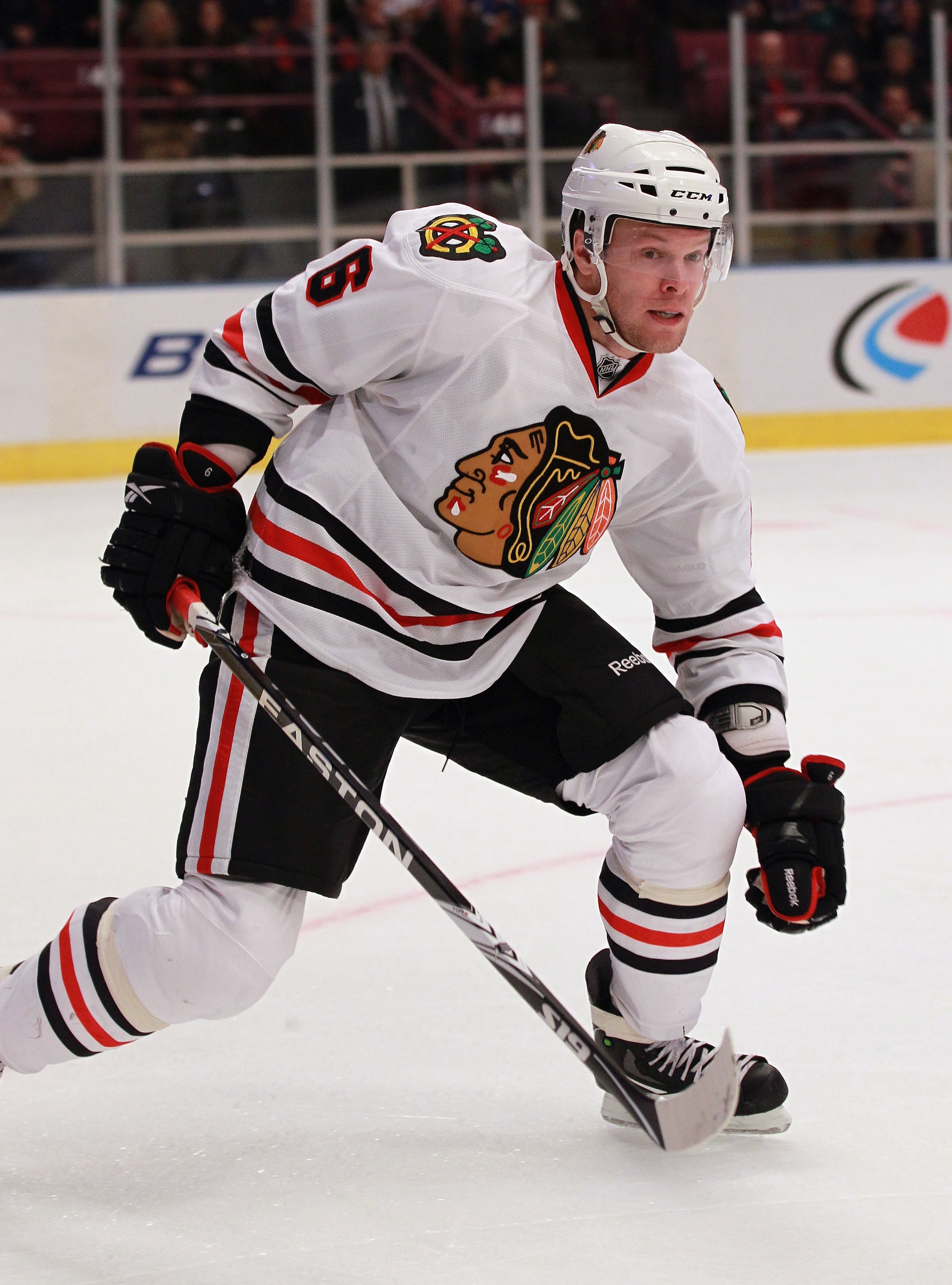 NEW YORK - NOVEMBER 01: Jordan Hendry #6 of the Chicago Blackhawks skates against the New York Rangers battle for the puck at Madison Square Garden on November 1, 2010 in New York City. (Photo by Bruce Bennett/Getty Images) NEW YORK - NOVEMBER 01: Jordan Hendry #6 of the Chicago Blackhawks skates against the New York Rangers battle for the puck at Madison Square Garden on November 1, 2010 in New York City. (Photo by Bruce Bennett/Getty Images)