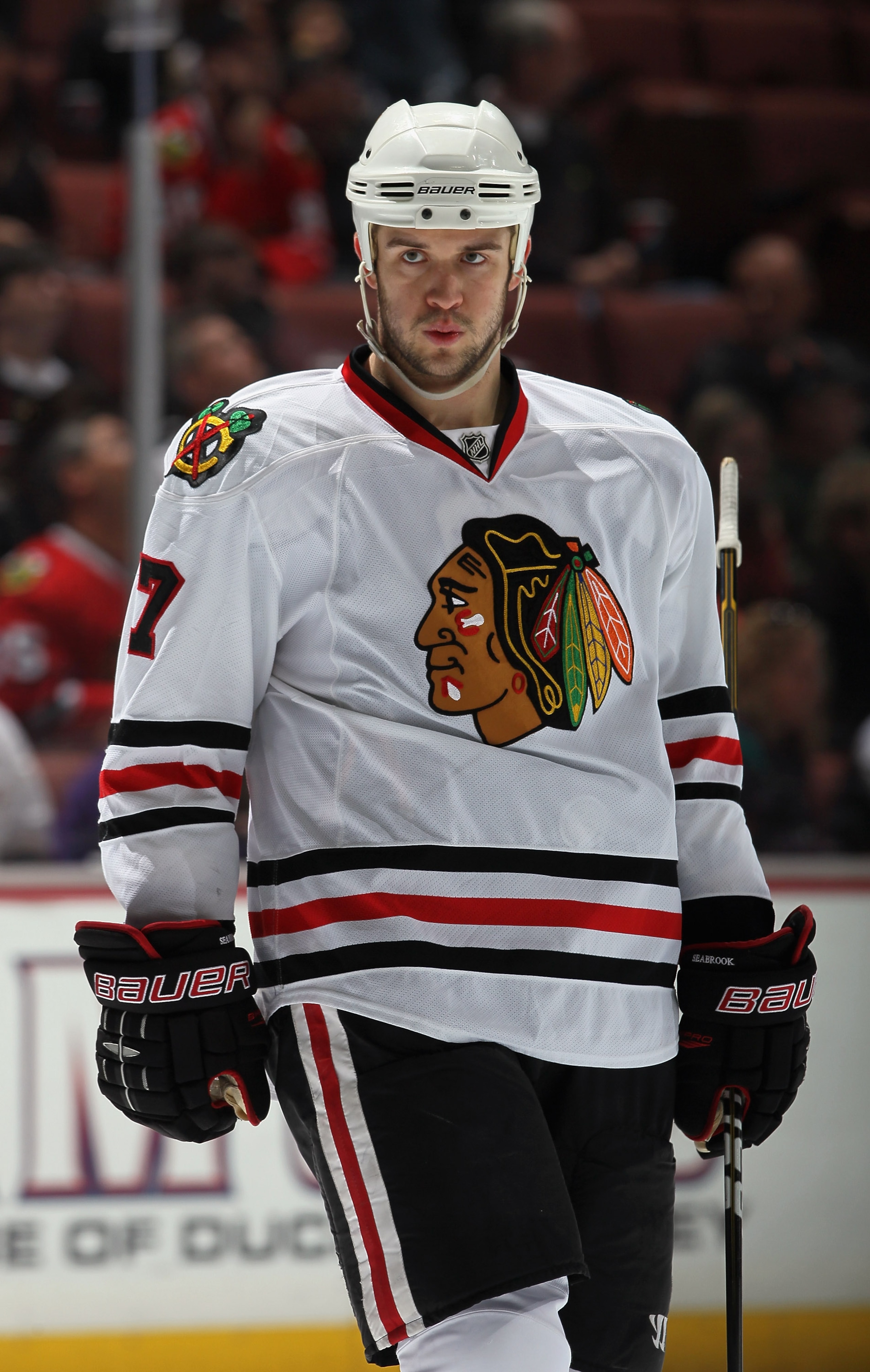 ANAHEIM, CA - NOVEMBER 26: Brent Seabrook #7 of the Chicago Blackhawks looks on against the Anaheim Ducks at the Honda Center on November 26, 2010 in Anaheim, California. (Photo by Jeff Gross/Getty Images) ANAHEIM, CA - NOVEMBER 26: Brent Seabrook #7 of the Chicago Blackhawks looks on against the Anaheim Ducks at the Honda Center on November 26, 2010 in Anaheim, California. (Photo by Jeff Gross/Getty Images)