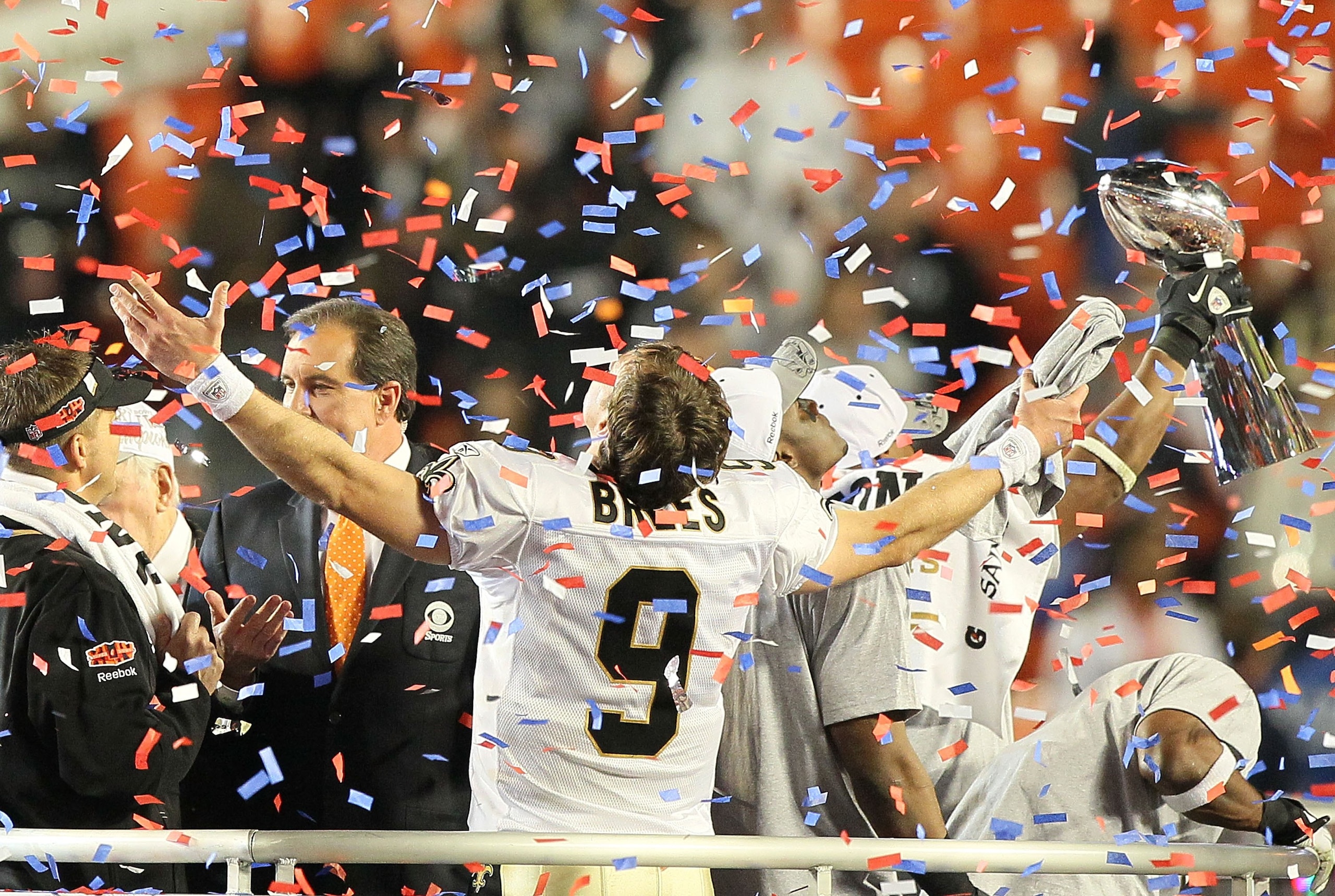 MIAMI GARDENS, FL - FEBRUARY 07: Drew Brees #9 of the New Orleans Saints celebrates after defeating the Indianapolis Colts during Super Bowl XLIV on February 7, 2010 at Sun Life Stadium in Miami Gardens, Florida. (Photo by Jed Jacobsohn/Getty Images) MIAMI GARDENS, FL - FEBRUARY 07: Drew Brees #9 of the New Orleans Saints celebrates after defeating the Indianapolis Colts during Super Bowl XLIV on February 7, 2010 at Sun Life Stadium in Miami Gardens, Florida. (Photo by Jed Jacobsohn/Getty Images)