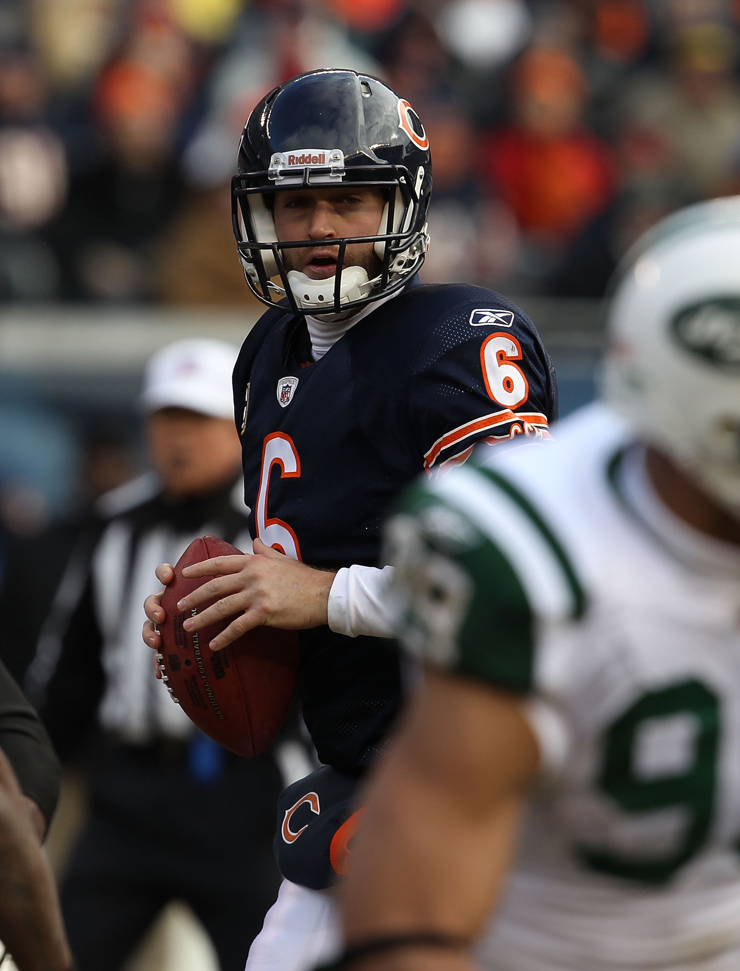 CHICAGO, IL - DECEMBER 26: Jay Cutler #6 of the Chicago Bears looks for a receiver against the New York Jets at Soldier Field on December 26, 2010 in Chicago, Illinois. The Bears defeated the Jets 38-34.  (Photo by Jonathan Daniel/Getty Images)