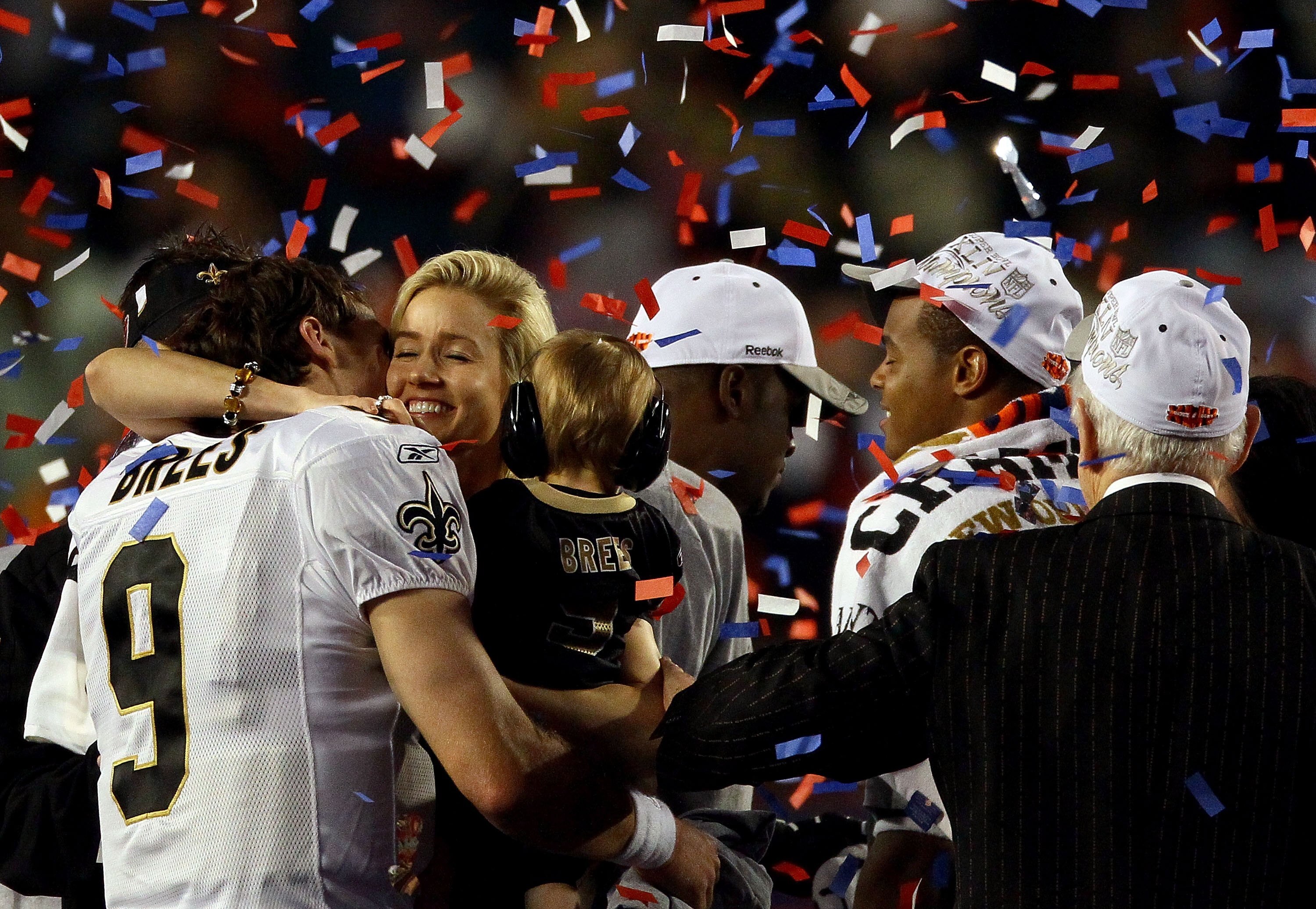 MIAMI GARDENS, FL - FEBRUARY 07:  Quarterback Drew Brees #9 of the New Orleans Saints celebrates with his family after his team defeated the Indianapolis Colts during Super Bowl XLIV on February 7, 2010 at Sun Life Stadium in Miami Gardens, Florida.  (Pho