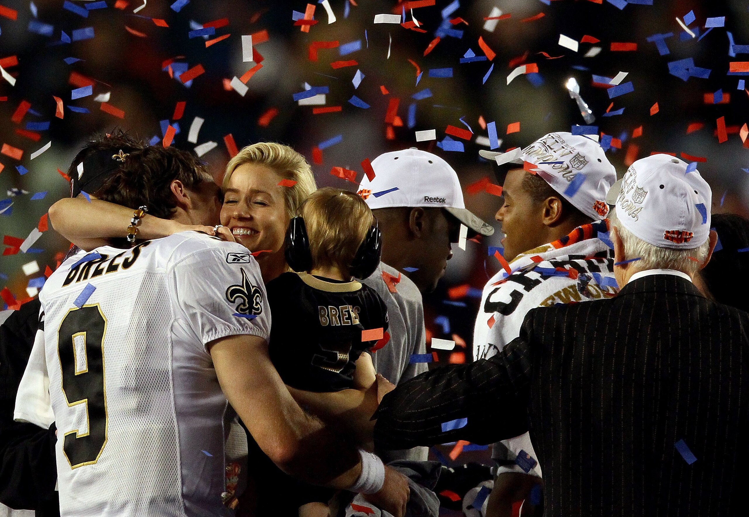 MIAMI GARDENS, FL - FEBRUARY 07:  Quarterback Drew Brees #9 of the New Orleans Saints celebrates with his family after his team defeated the Indianapolis Colts during Super Bowl XLIV on February 7, 2010 at Sun Life Stadium in Miami Gardens, Florida.  (Pho