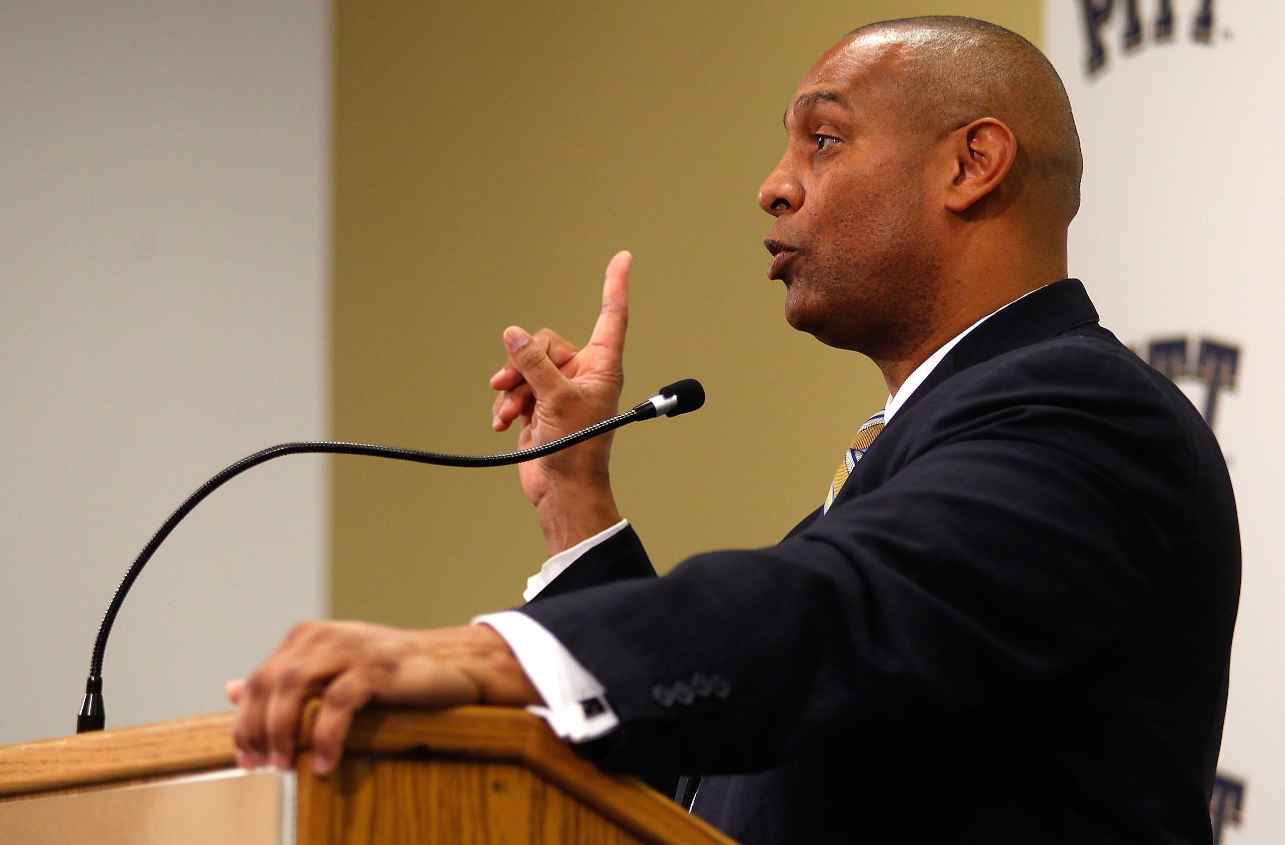 PITTSBURGH - DECEMBER 16:  The new University of Pittsburgh head football coach, Mike Haywood, speaks during a press conference on December 16, 2010 at the University of Pittsburgh Panthers South Side training facility in Pittsburgh, Pennsylvania.  (Photo