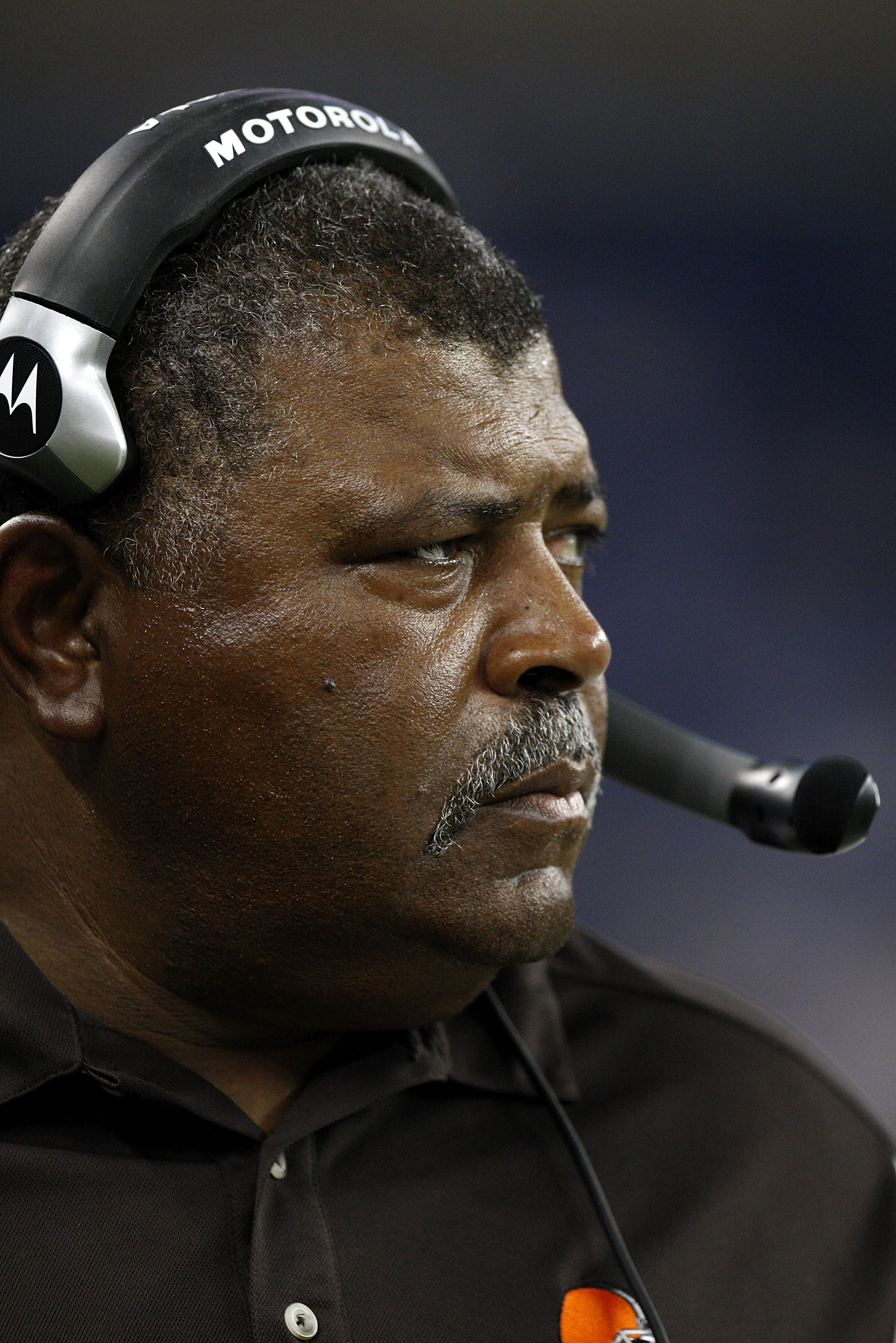 DETROIT - AUGUST 23: Head coach Romeo Crennel of the Cleveland Browns looks on during a preseason NFL game against the Detroit Lions on August 23, 2008 at Ford Field in Detroit, Michigan.  (Photo by Gregory Shamus/Getty Images)