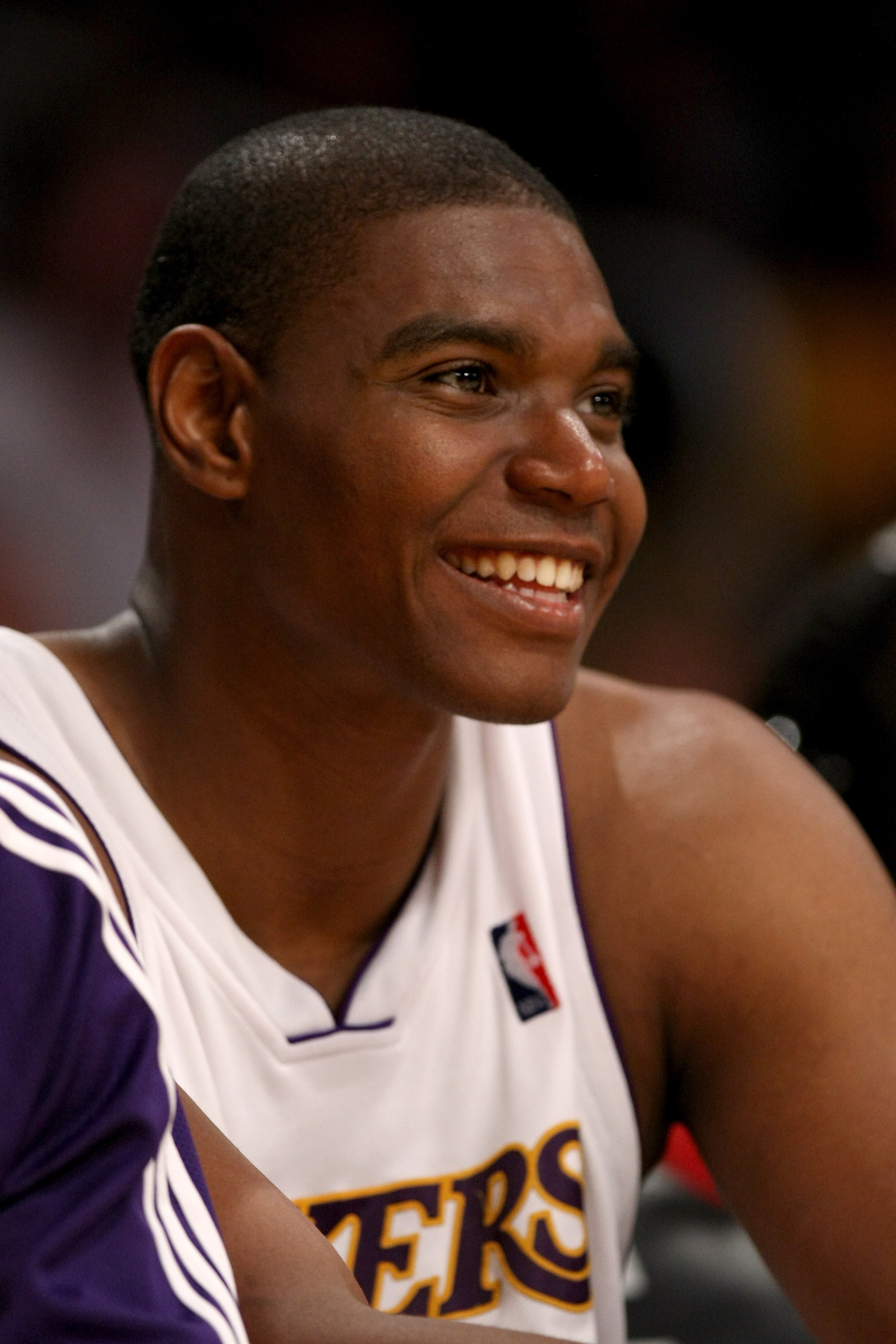 LOS ANGELES, CA - APRIL 12: Andrew Bynum #17 of the Los Angeles Lakers smiles as he sits on the bench during the game with the Memphis Grizzlies on April 12, 2009 at Staples Center in Los Angeles, California. The Lakers won 92-75. NOTE TO USER: User expre