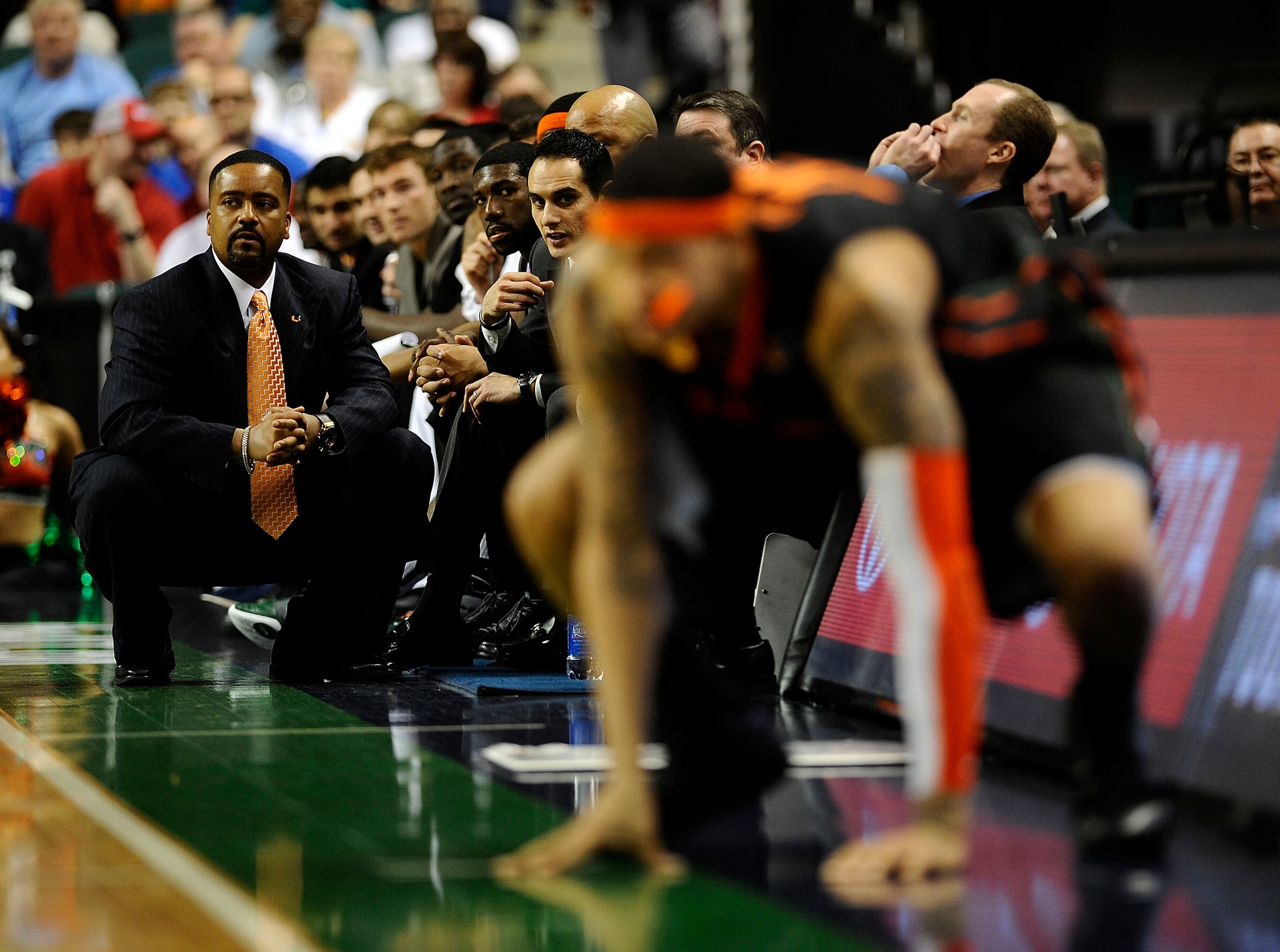 GREENSBORO, NC - MARCH 13:  Frank Haith, head coach of the University of Miami Hurricanes coaches in their semifinal game against the Duke Bluer Devils  in the 2010 ACC Men's Basketball Tournament at the Greensboro Coliseum on on March 13, 2010 in Greensb