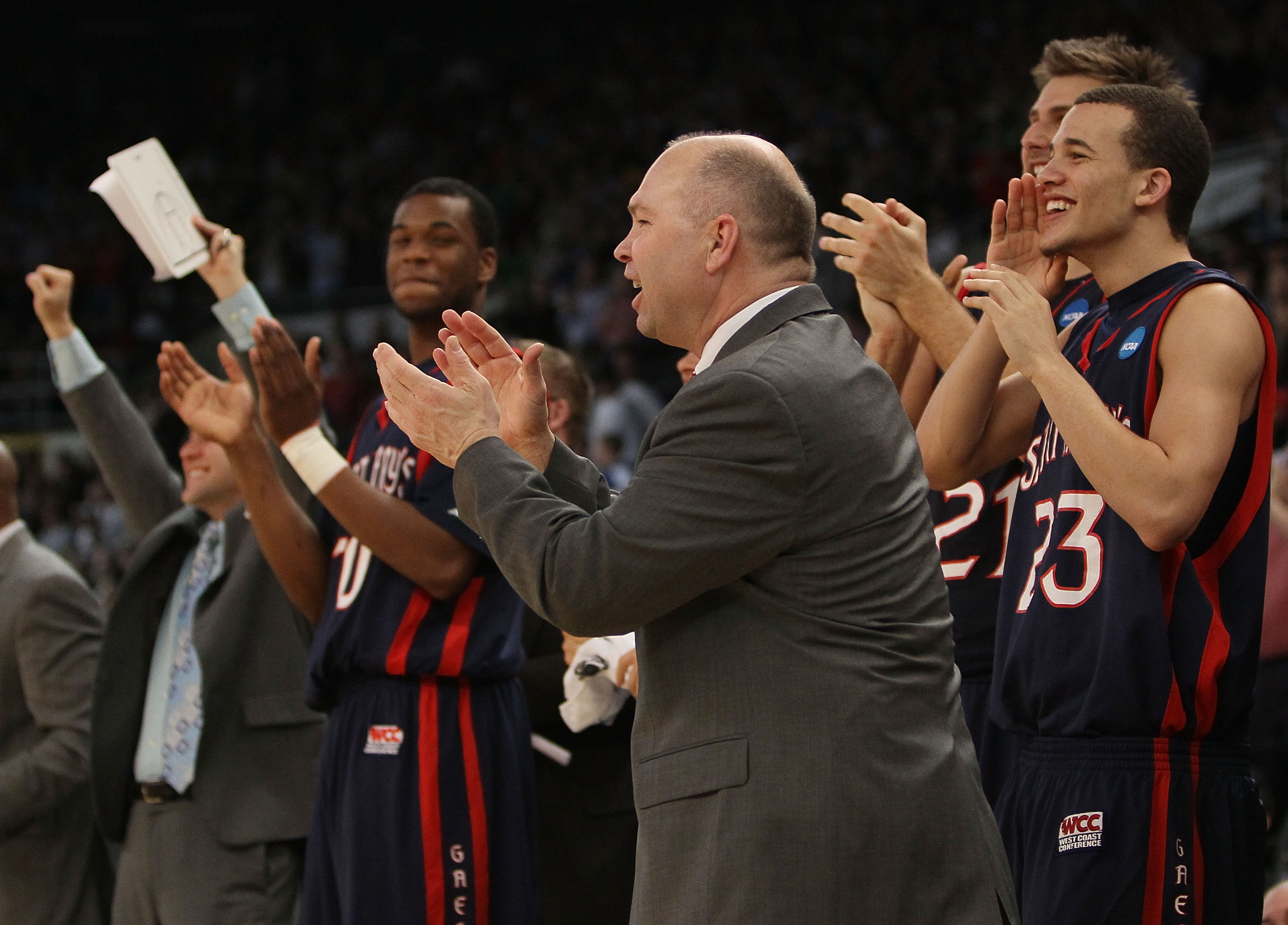 PROVIDENCE, RI - MARCH 20:  Head coach Randy Bennett of the Saint Mary's Gaels celebrates the win over the Villanova Wildcats during the second round of the 2010 NCAA men's basketball tournament on March 20, 2010 at the Dunkin Donuts Center in Providence,
