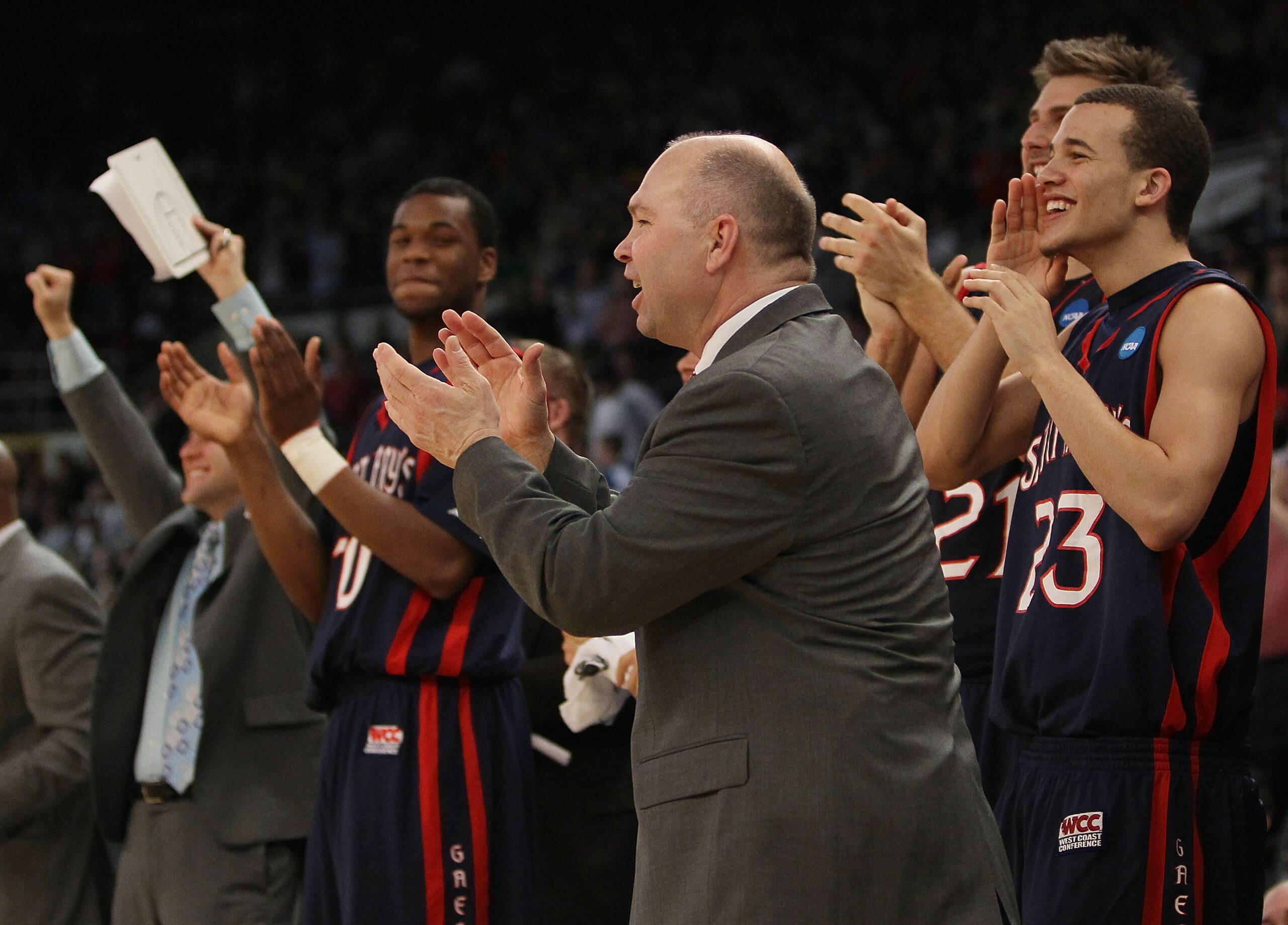 PROVIDENCE, RI - MARCH 20:  Head coach Randy Bennett of the Saint Mary's Gaels celebrates the win over the Villanova Wildcats during the second round of the 2010 NCAA men's basketball tournament on March 20, 2010 at the Dunkin Donuts Center in Providence,