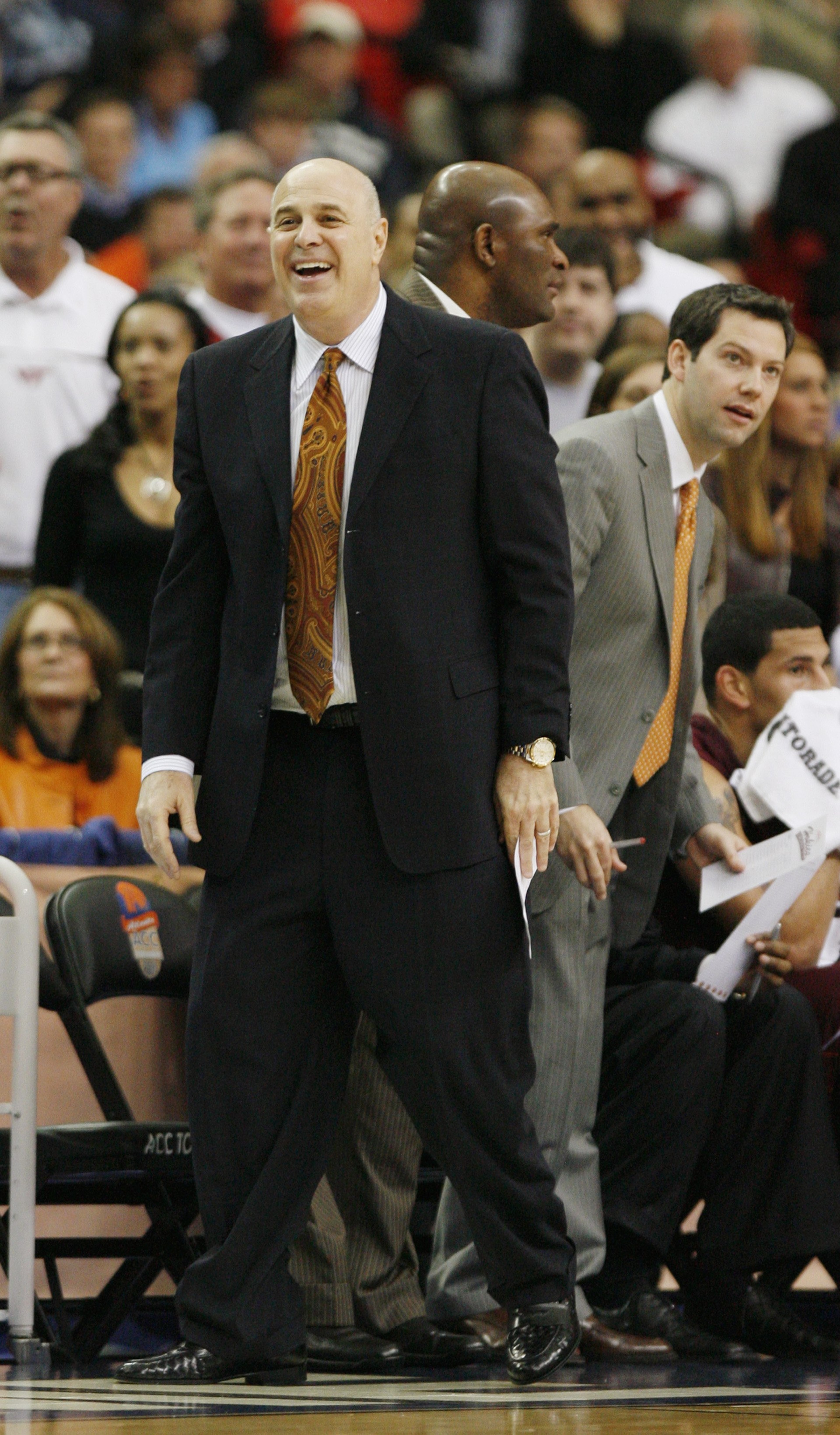 ATLANTA - MARCH 13:  Head Coach Seth Greenberg of the Virginia Tech Hokies reacts against the North Carolina Tar Heels during day two of the 2009 ACC Men's Basketball Tournament on March 13, 2009 at the Georgia Dome in Atlanta, Georgia.  (Photo by Kevin C