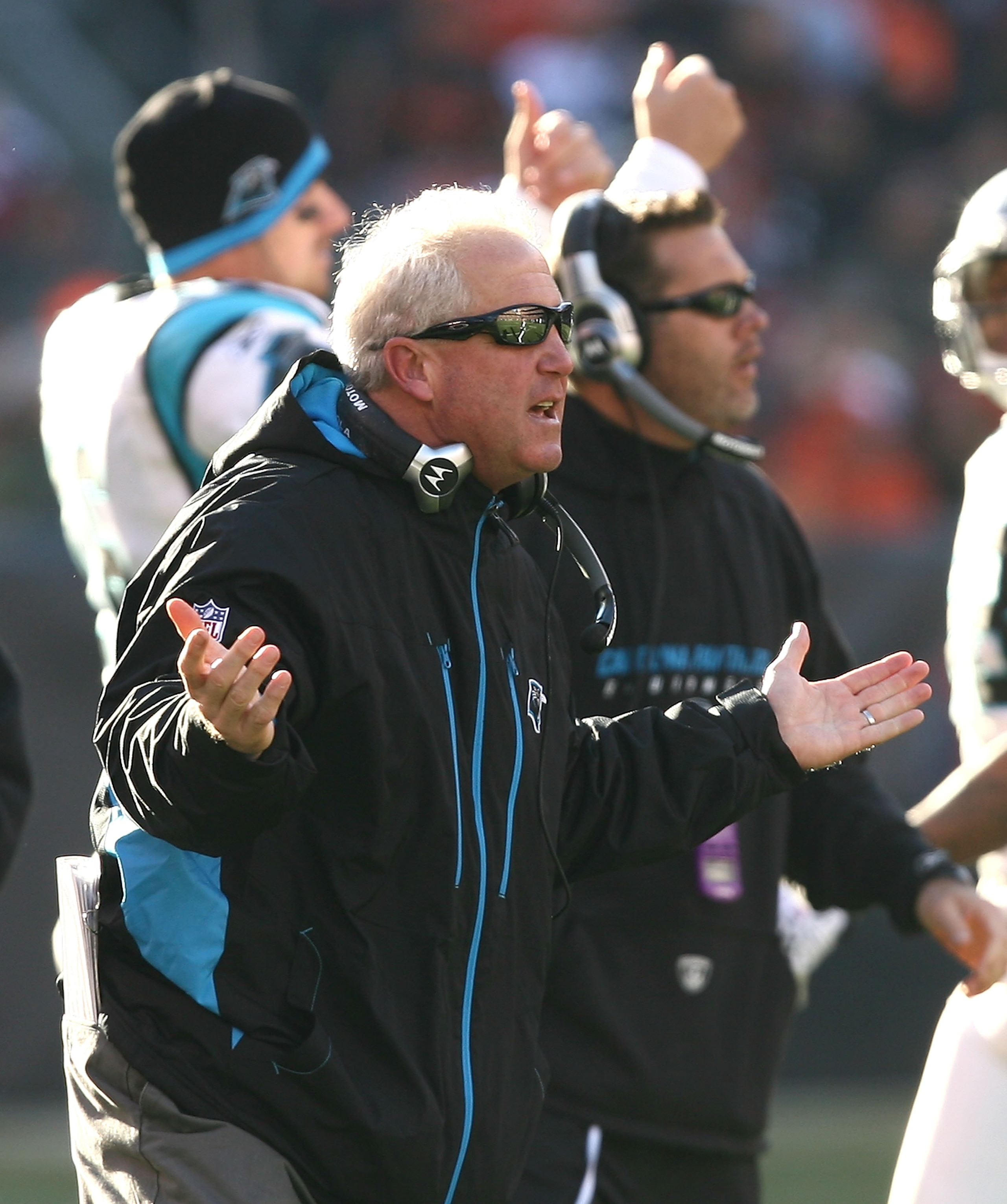 CLEVELAND - NOVEMBER 28: Head coach John Fox of the Carolina Panthers reacts to a call against the Cleveland Browns at Cleveland Browns Stadium on November 28, 2010 in Cleveland, Ohio. (Photo by Matt Sullivan/Getty Images) CLEVELAND - NOVEMBER 28: Head coach John Fox of the Carolina Panthers reacts to a call against the Cleveland Browns at Cleveland Browns Stadium on November 28, 2010 in Cleveland, Ohio. (Photo by Matt Sullivan/Getty Images)