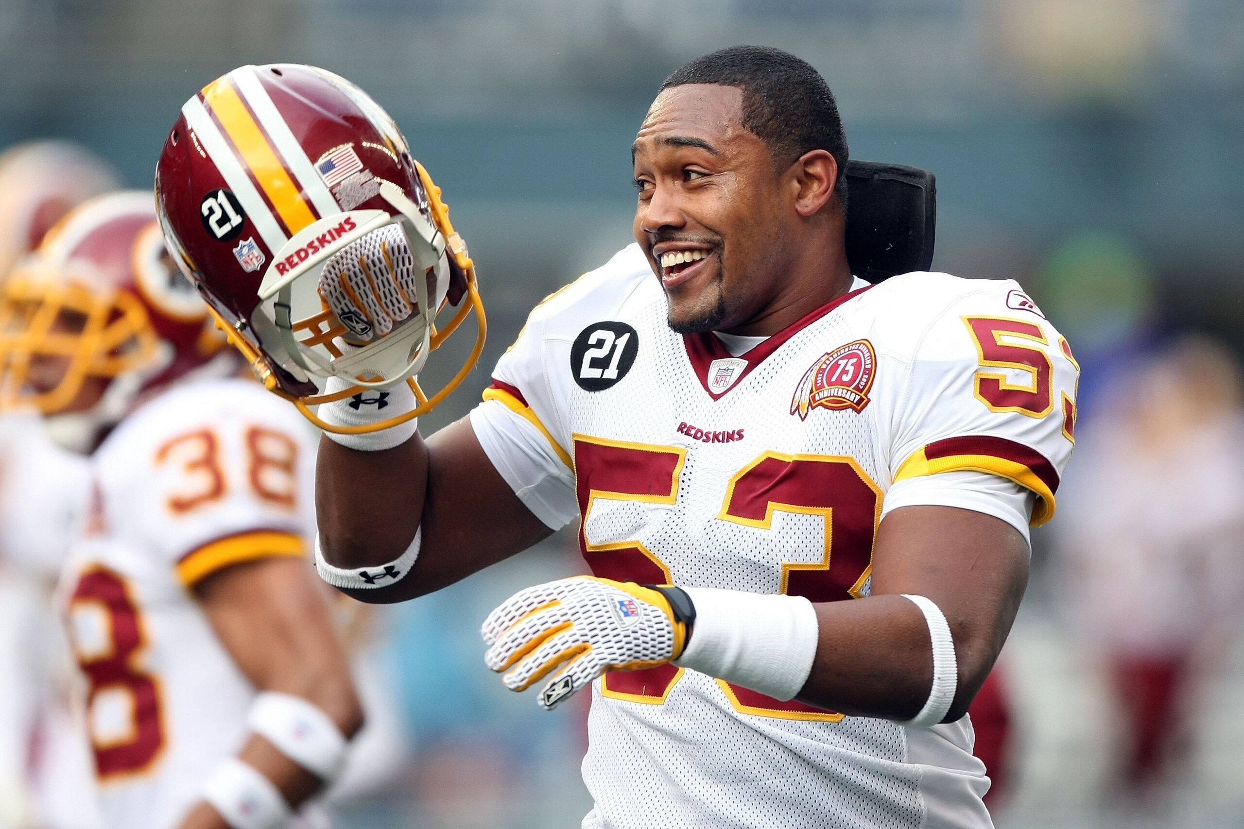 SEATTLE - JANUARY 05:  Linebacker Marcus Washinton #53 of the Washington Redskins smiles before the game against the Seattle Seahawks during the NFC Wild Card game at Qwest Field on January 5, 2008 in Seattle, Washington. The Seahawks defeated the Redskin