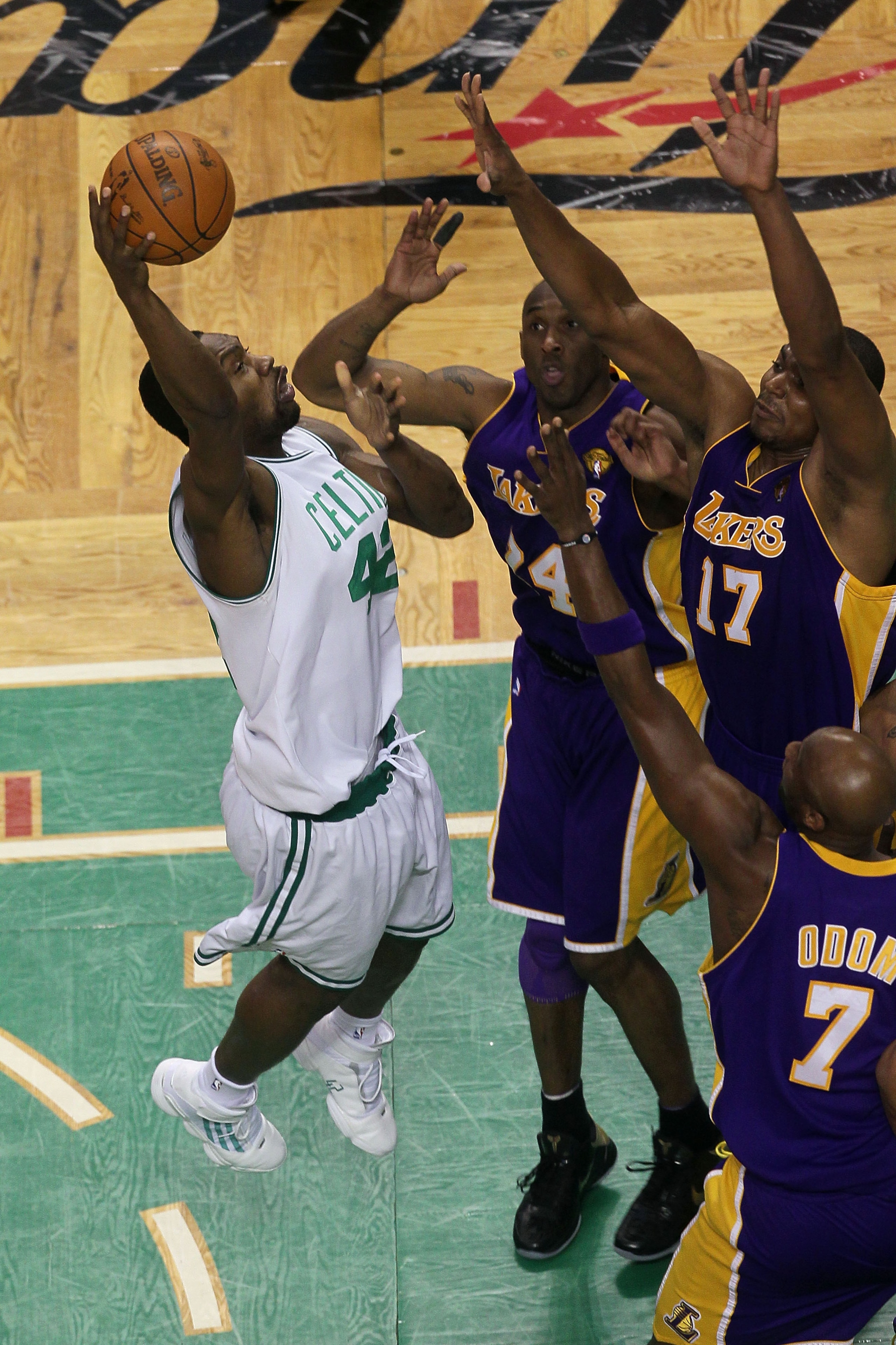 BOSTON - JUNE 13:  Tony Allen #42 of the Boston Celtics puts up a shot against Kobe Bryant #24, Andrew Bynum #17 and Lamar Odom #7 of the Los Angeles Lakers during Game Five of the 2010 NBA Finals on June 13, 2010 at TD Garden in Boston, Massachusetts. Th