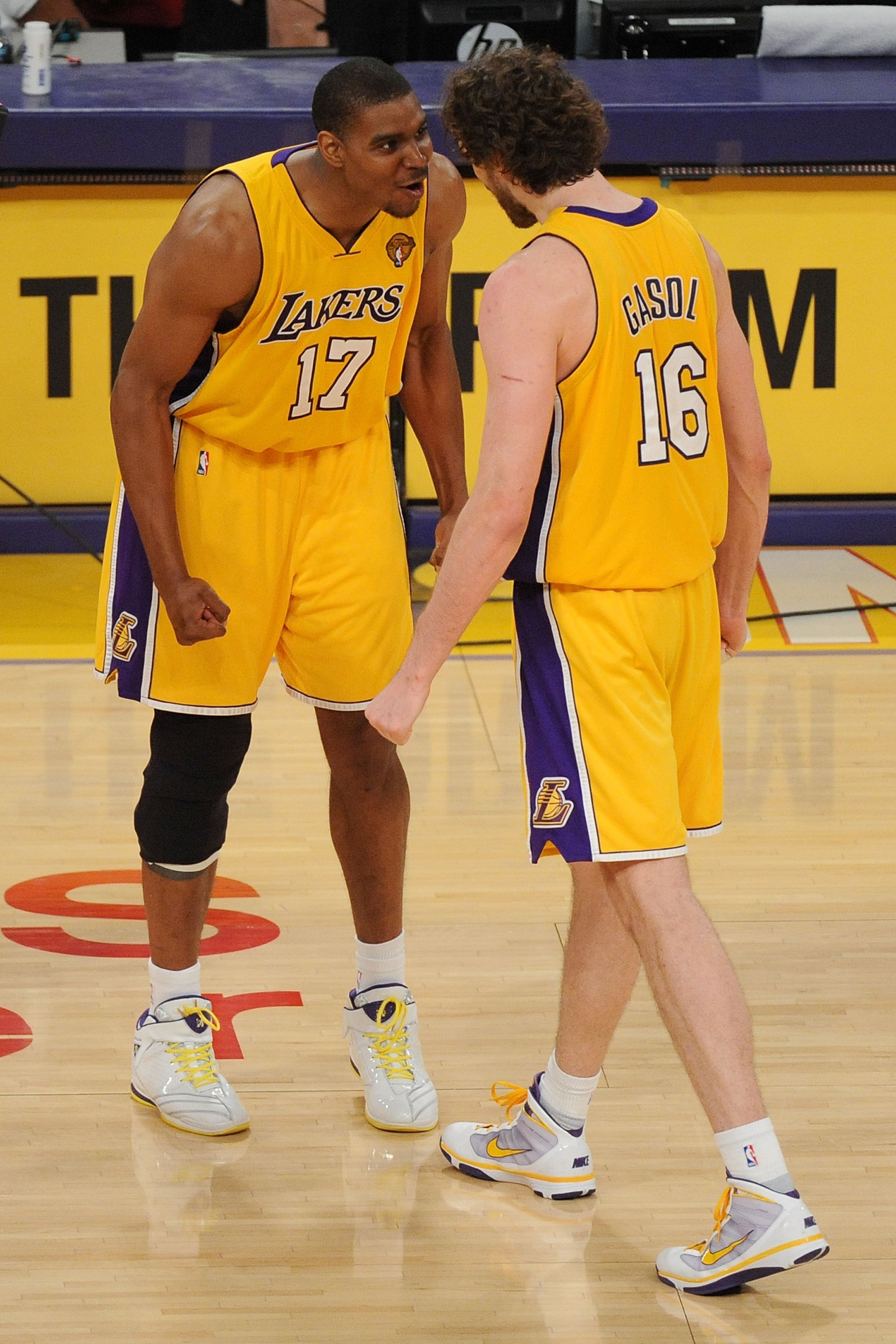 LOS ANGELES, CA - JUNE 17:  Andrew Bynum #17 and Pau Gasol #16 of the Los Angeles Lakers react in the second half while taking on the Boston Celtics in Game Seven of the 2010 NBA Finals at Staples Center on June 17, 2010 in Los Angeles, California.  NOTE