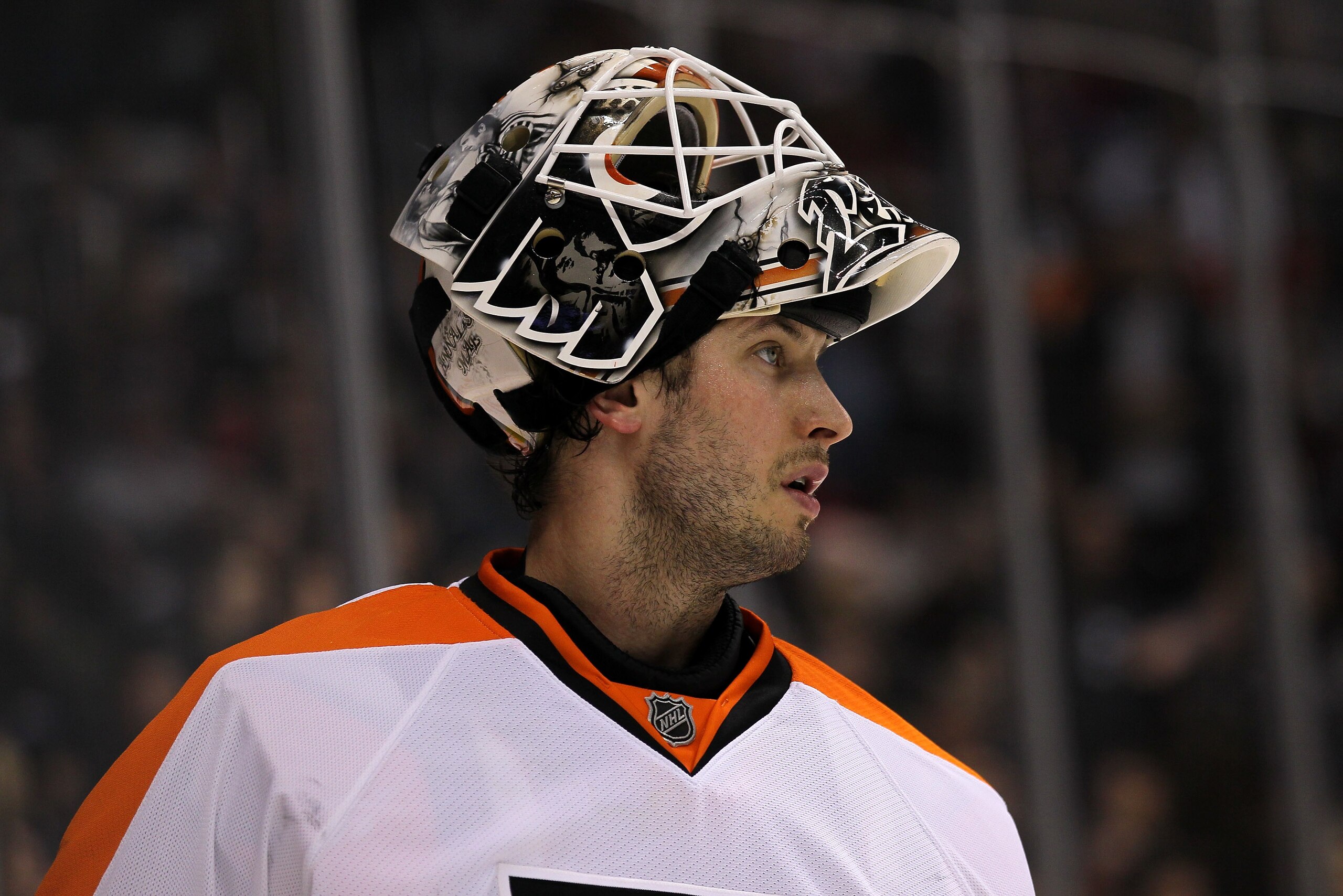 LOS ANGELES, CA - DECEMBER 30:  Goaltender Michael Leighton #49 of the Philadelphia Flyers looks on during a breeak in the game with the Los Angeles Kings at Staples Center on December 30, 2010 in Los Angeles, California.  The Flyers won 7-4.  (Photo by S