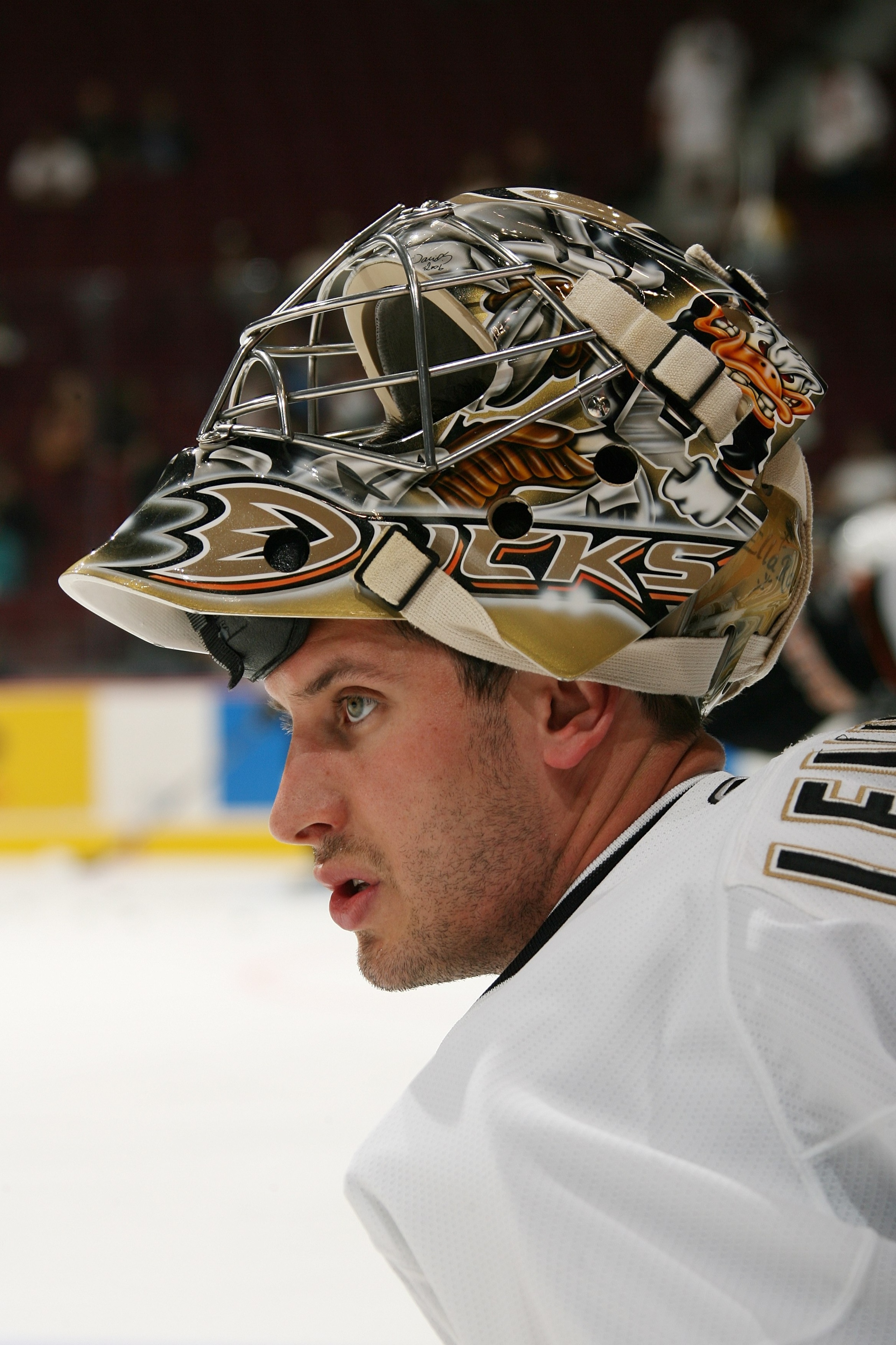 VANCOUVER, BC - SEPTEMBER 24:  Michael Leighton #1 of the Anaheim Ducks looks on against the Vancouver Canucks during their preseason game at General Motors Place on September 24, 2006 in Vancouver, Canada.  The Canucks won 4-3.  (Photo by Jeff Vinnick/Ge