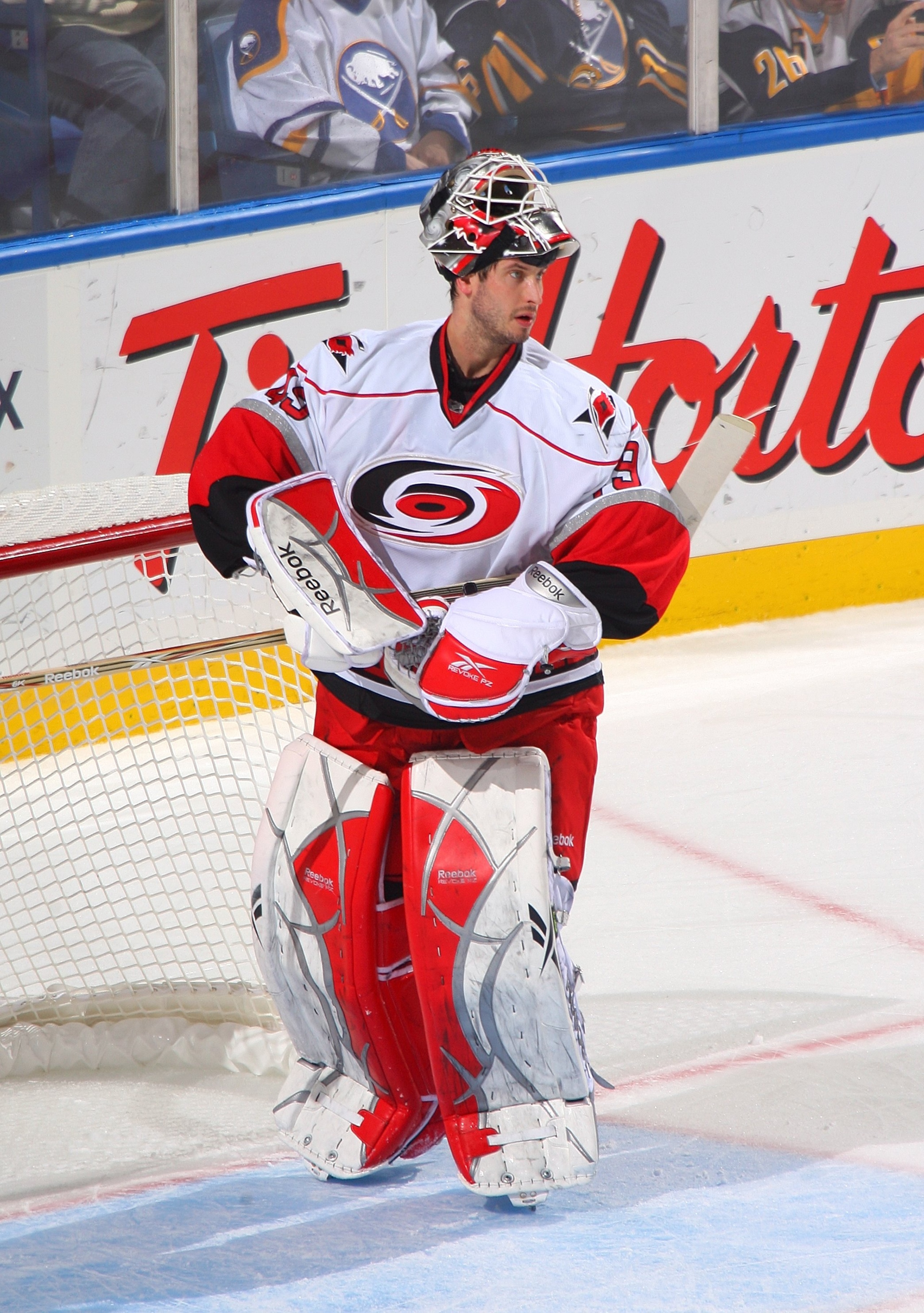 BUFFALO, NY - NOVEMBER 28:  Goaltender Michael Leighton #49 of the Carolina Hurricanes looks on during a break in their NHL game against the Buffalo Sabres on November 28, 2009 at HSBC Arena in Buffalo, New York. The Sabres defeated the Hurricanes 5-1. (P