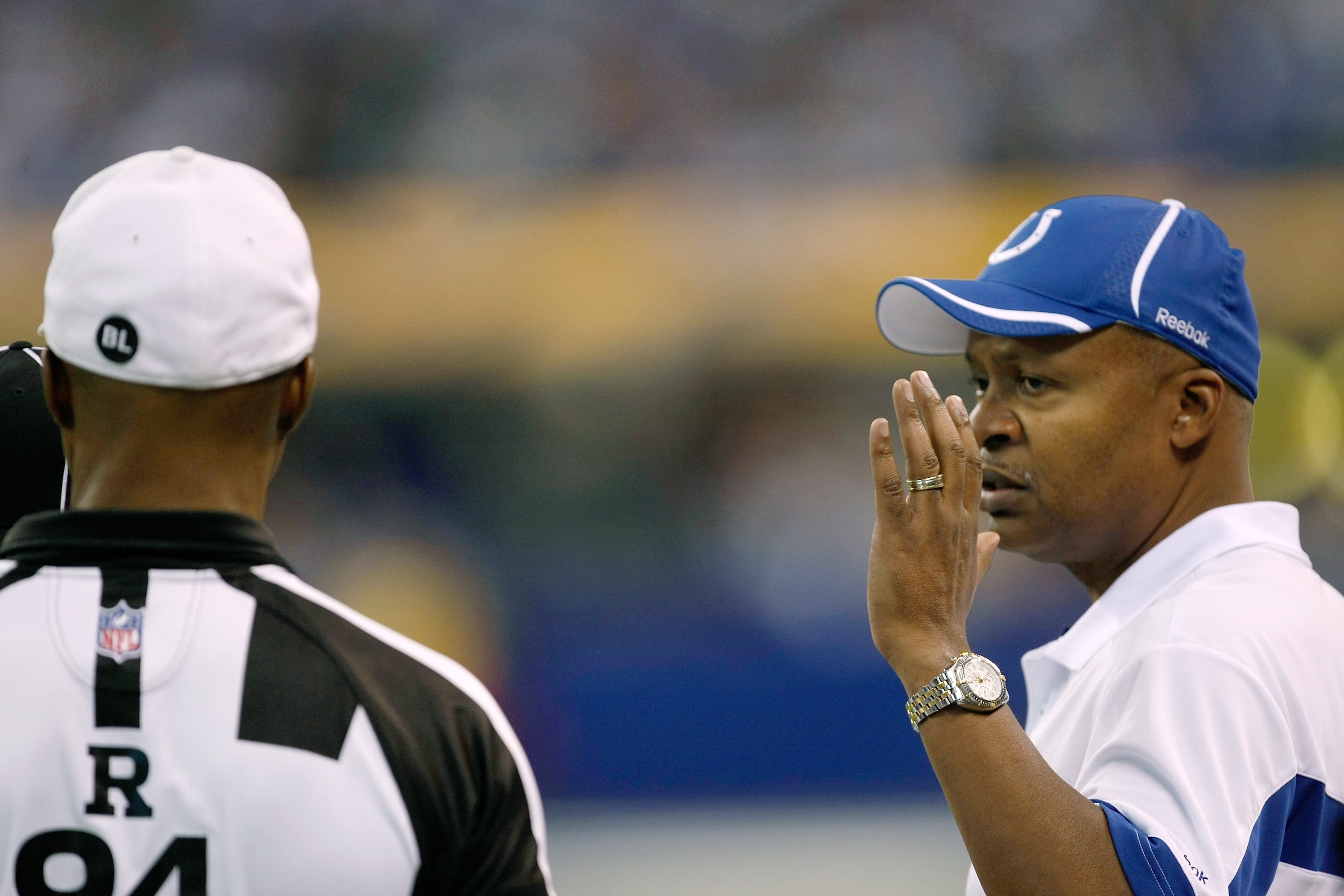 INDIANAPOLIS, IN - DECEMBER 19: Jim Caldwell of the Indianapolis Colts argues with Referee Mike Carey #94 against the Jacksonville Jaguars at Lucas Oil Stadium on December 19, 2010 in Indianapolis, Indiana. The Colts defeated the Jaguars 34-24. (Photo INDIANAPOLIS, IN - DECEMBER 19: Jim Caldwell of the Indianapolis Colts argues with Referee Mike Carey #94 against the Jacksonville Jaguars at Lucas Oil Stadium on December 19, 2010 in Indianapolis, Indiana. The Colts defeated the Jaguars 34-24. (Photo