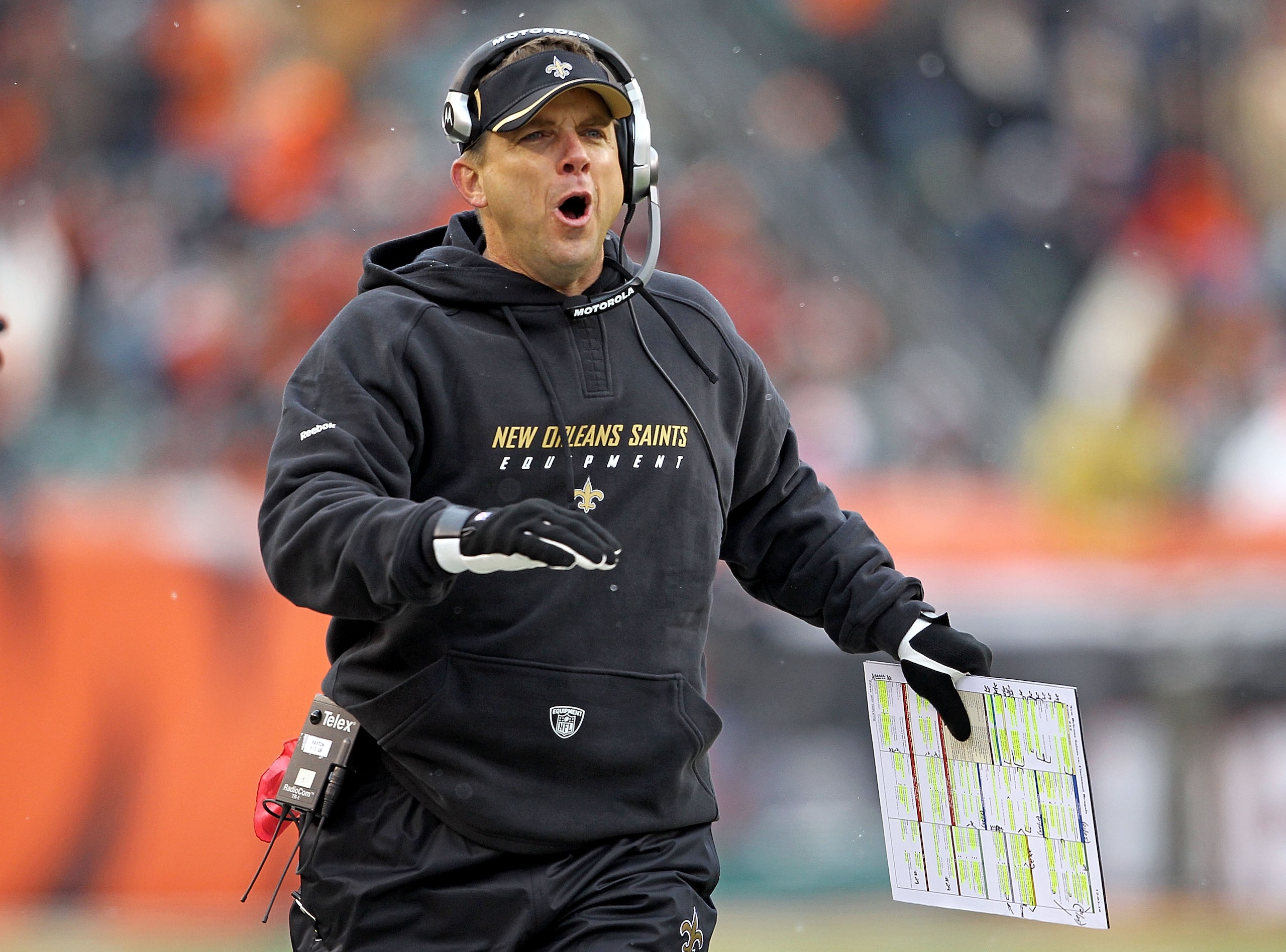 CINCINNATI, OH - DECEMBER 05: Sean Payton the Head Coach of the New Orleans Saints gives instructions to his team during the NFL game against the Cincinnati Bengals at Paul Brown Stadium on December 5, 2010 in Cincinnati, Ohio. The Saints won 34-30. (P CINCINNATI, OH - DECEMBER 05: Sean Payton the Head Coach of the New Orleans Saints gives instructions to his team during the NFL game against the Cincinnati Bengals at Paul Brown Stadium on December 5, 2010 in Cincinnati, Ohio. The Saints won 34-30. (P