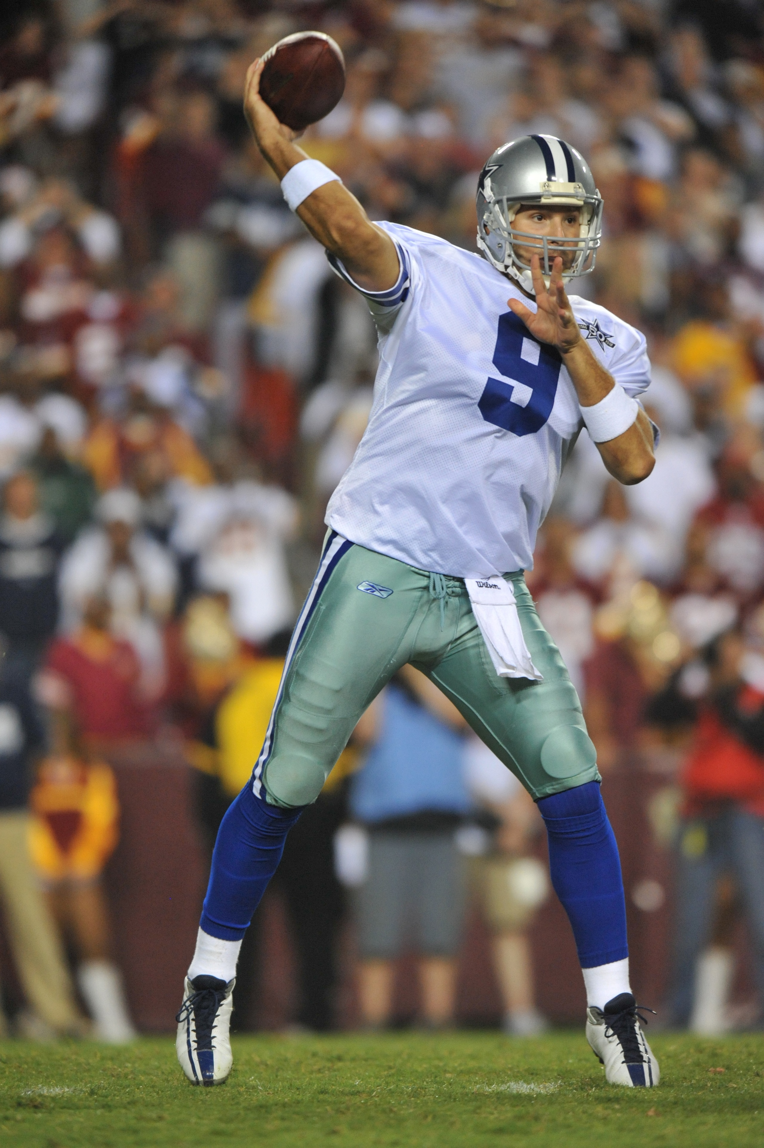 LANDOVER - SEPTEMBER 12: Tony Romo #9 of the Dallas Cowboys passes during the NFL season opener against the Washington Redskins at FedExField on September 12, 2010 in Landover, Maryland. The Redskins defeated the Cowboys 13-7. (Photo by Larry French/Gett LANDOVER - SEPTEMBER 12: Tony Romo #9 of the Dallas Cowboys passes during the NFL season opener against the Washington Redskins at FedExField on September 12, 2010 in Landover, Maryland. The Redskins defeated the Cowboys 13-7. (Photo by Larry French/Gett