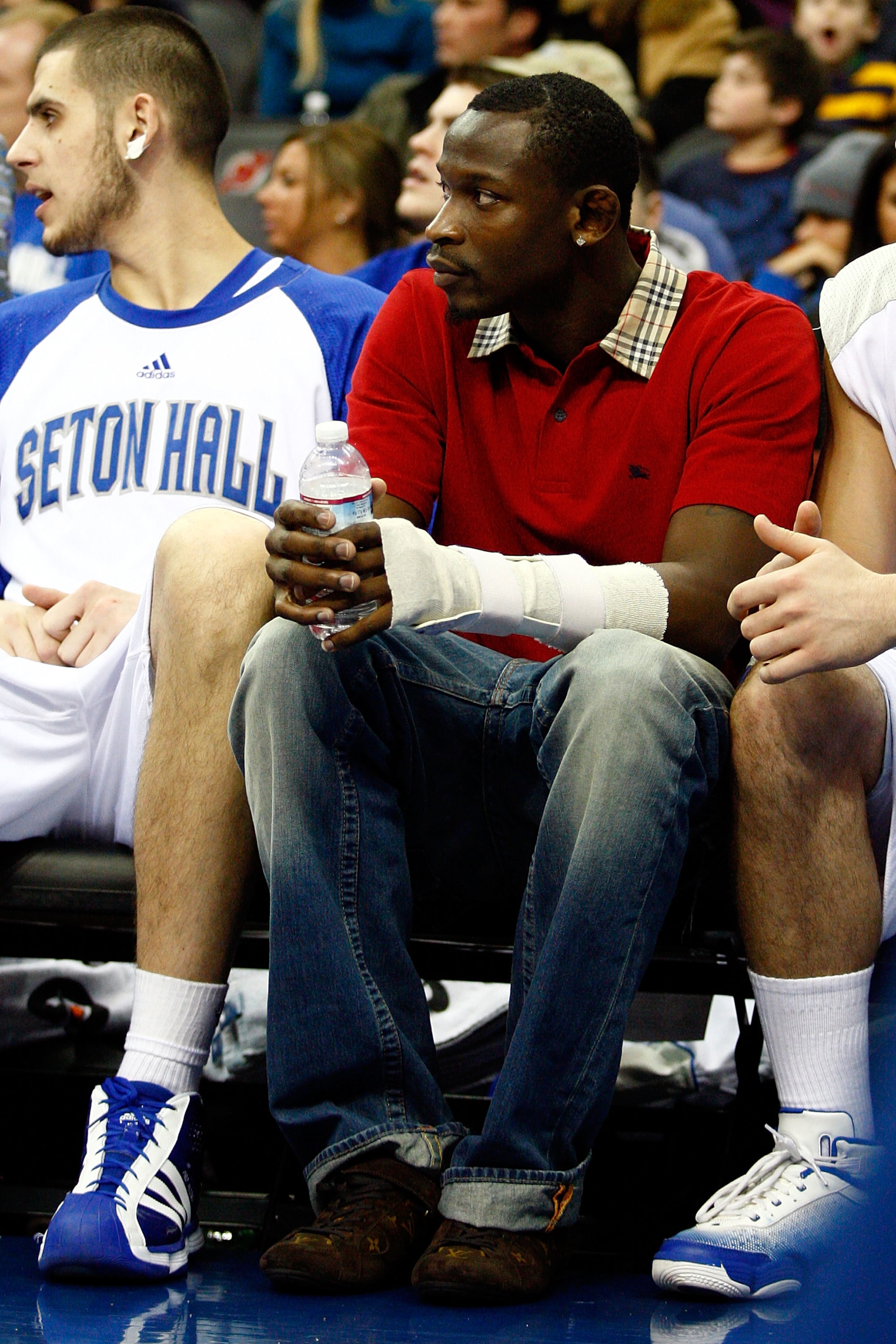 NEWARK, NJ - DECEMBER 22: Injured guard Jeremy Hazell (C) of the Seton Hall Pirates looks on from the bench with hisleft wrist wrapped up against the Dayton Flyers at Prudential Center on December 22, 2010 in Newark, New Jersey. Dayton 69-65. (Photo by NEWARK, NJ - DECEMBER 22: Injured guard Jeremy Hazell (C) of the Seton Hall Pirates looks on from the bench with hisleft wrist wrapped up against the Dayton Flyers at Prudential Center on December 22, 2010 in Newark, New Jersey. Dayton 69-65. (Photo by