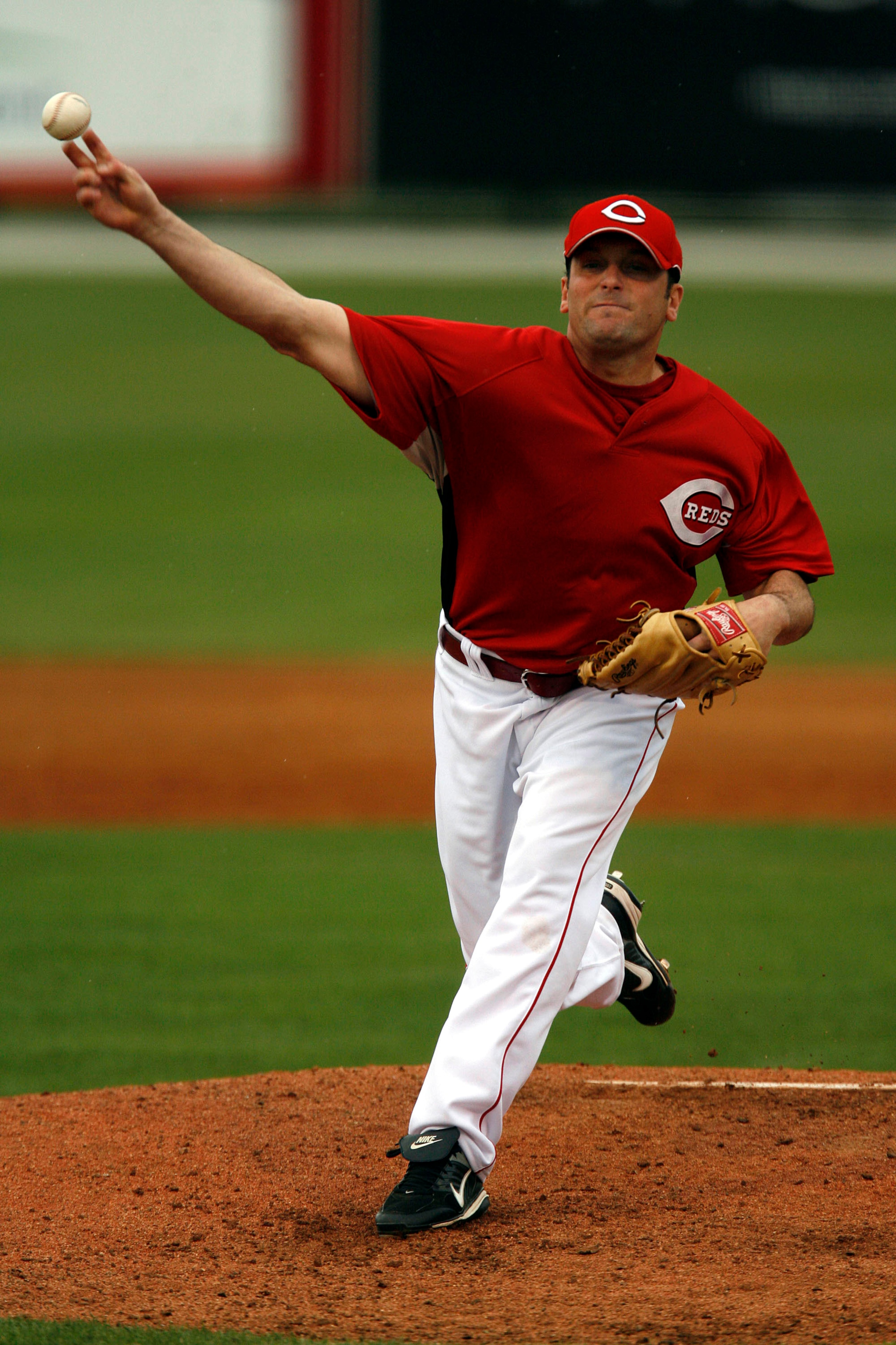 SARASOTA, FL - MARCH 4: Pitcher Josh Fogg #33 of the Cincinnati Reds delivers a pitch against the Cleveland Indians during a Spring Training game at Ed Smith Stadium on March 4, 2008 in Sarasota, Florida. (Photo by Eliot J. Schechter/Getty Images)