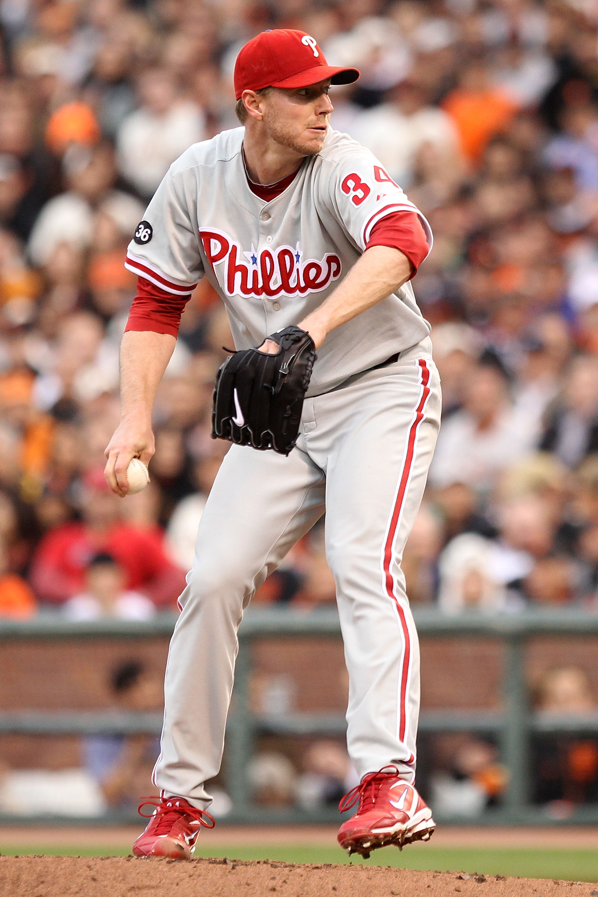 Philadelphia Phillies pitcher Brad Lidge reacts after striking out