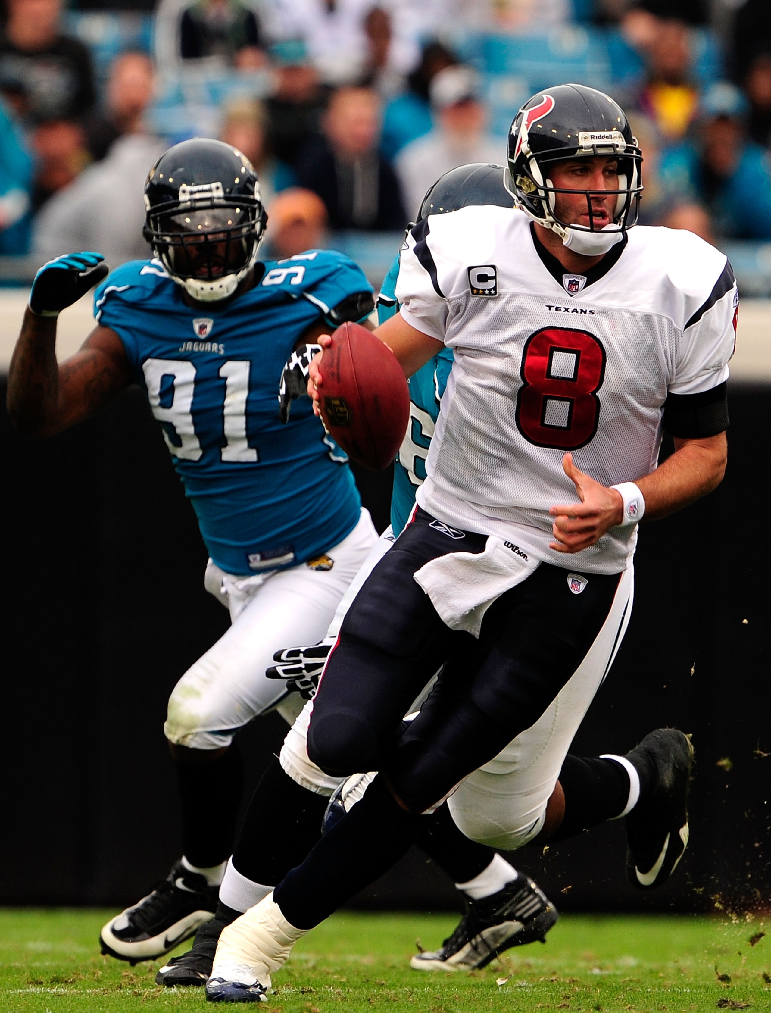 JACKSONVILLE, FL - DECEMBER 06: Derrick Harvey #91 of the Jacksonville Jaguars pressures Matt Schaub #8 of the Houston Texnas during the game at Jacksonville Municipal Stadium on December 6, 2009 in Jacksonville, Florida. (Photo by Sam Greenwood/Getty I JACKSONVILLE, FL - DECEMBER 06: Derrick Harvey #91 of the Jacksonville Jaguars pressures Matt Schaub #8 of the Houston Texnas during the game at Jacksonville Municipal Stadium on December 6, 2009 in Jacksonville, Florida. (Photo by Sam Greenwood/Getty I