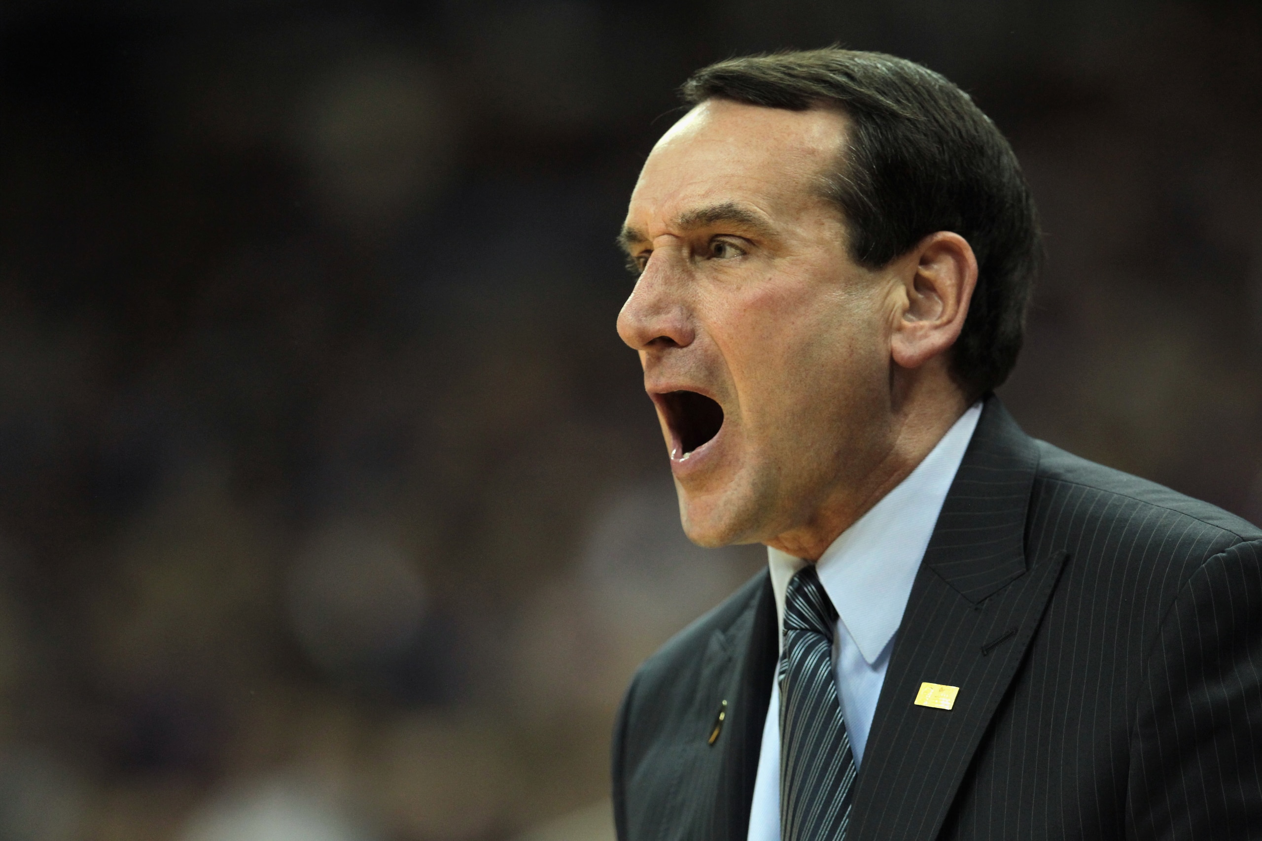 KANSAS CITY, MO - NOVEMBER 23:  Head coach Mike Krzyzewski of the Duke Blue Devils coaches from the bench during the CBE Classic championship game against the Kansas State Wildcats on November 23, 2010 at the Sprint Center in Kansas City, Missouri.  (Phot