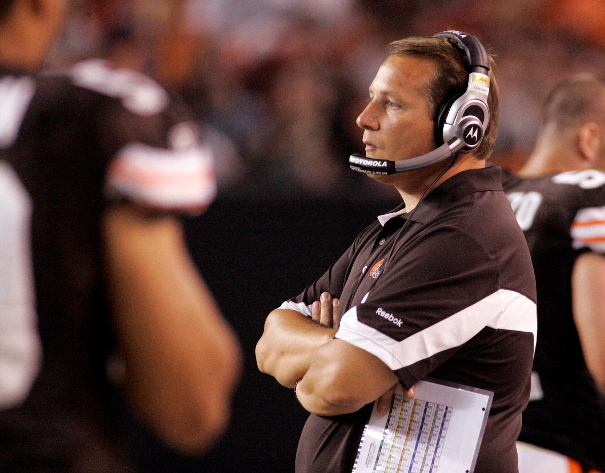 CLEVELAND - SEPTEMBER 2:  Cleveland Browns head coach Eric Mangini looks on during the preseason game against the Chicago Bears on September 2, 2010 at Cleveland Browns Stadium in Cleveland, Ohio. The Browns defeated the Bears 13-10.  (Photo by Justin K.