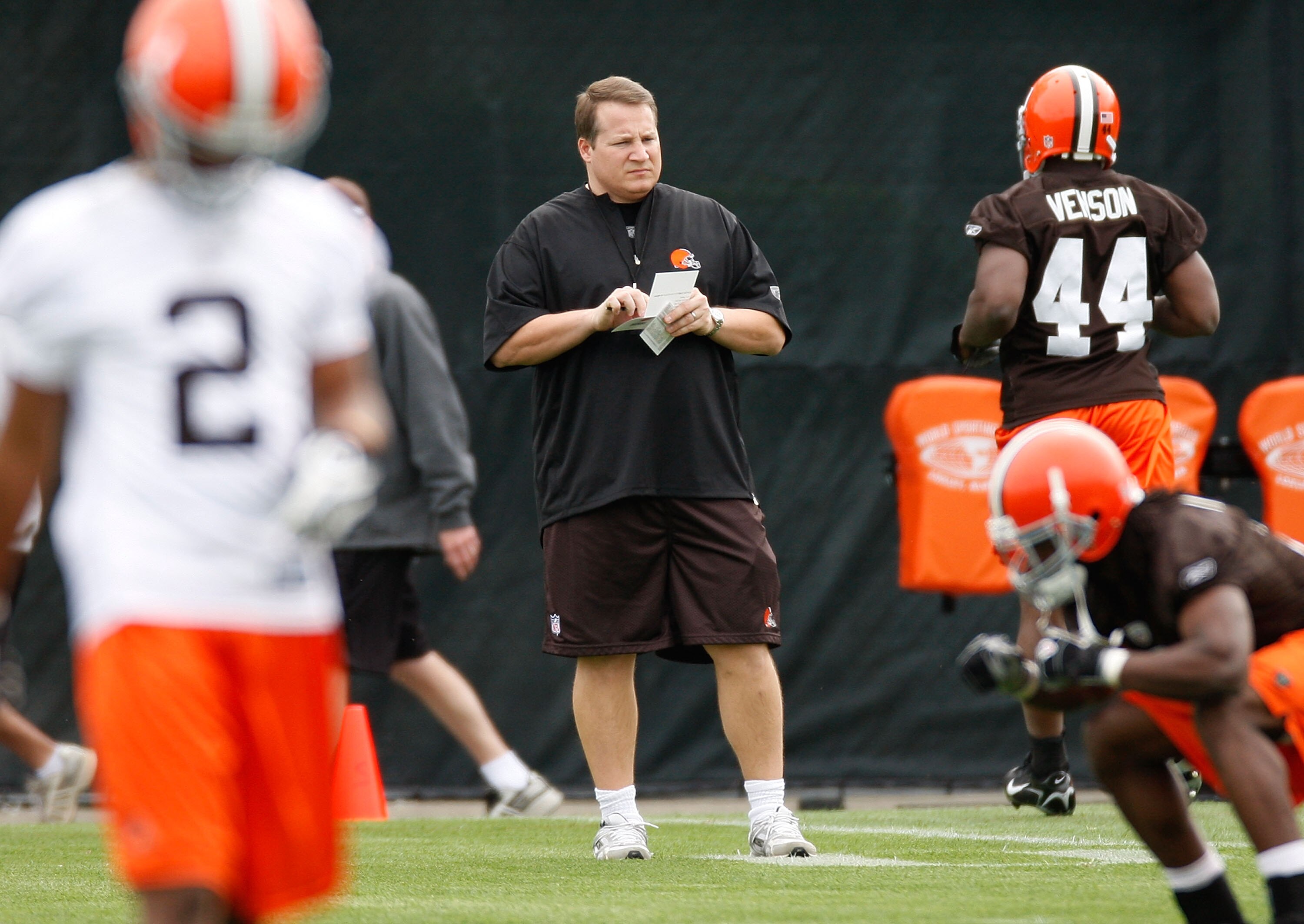 BEREA, OH - MAY 02: Head coach Eric Mangini of the Cleveland Browns looks on  during rookie mini camp at the Cleveland Browns Training and Administrative Complex on May 2, 2009 in Berea, Ohio.  (Photo by Gregory Shamus/Getty Images)