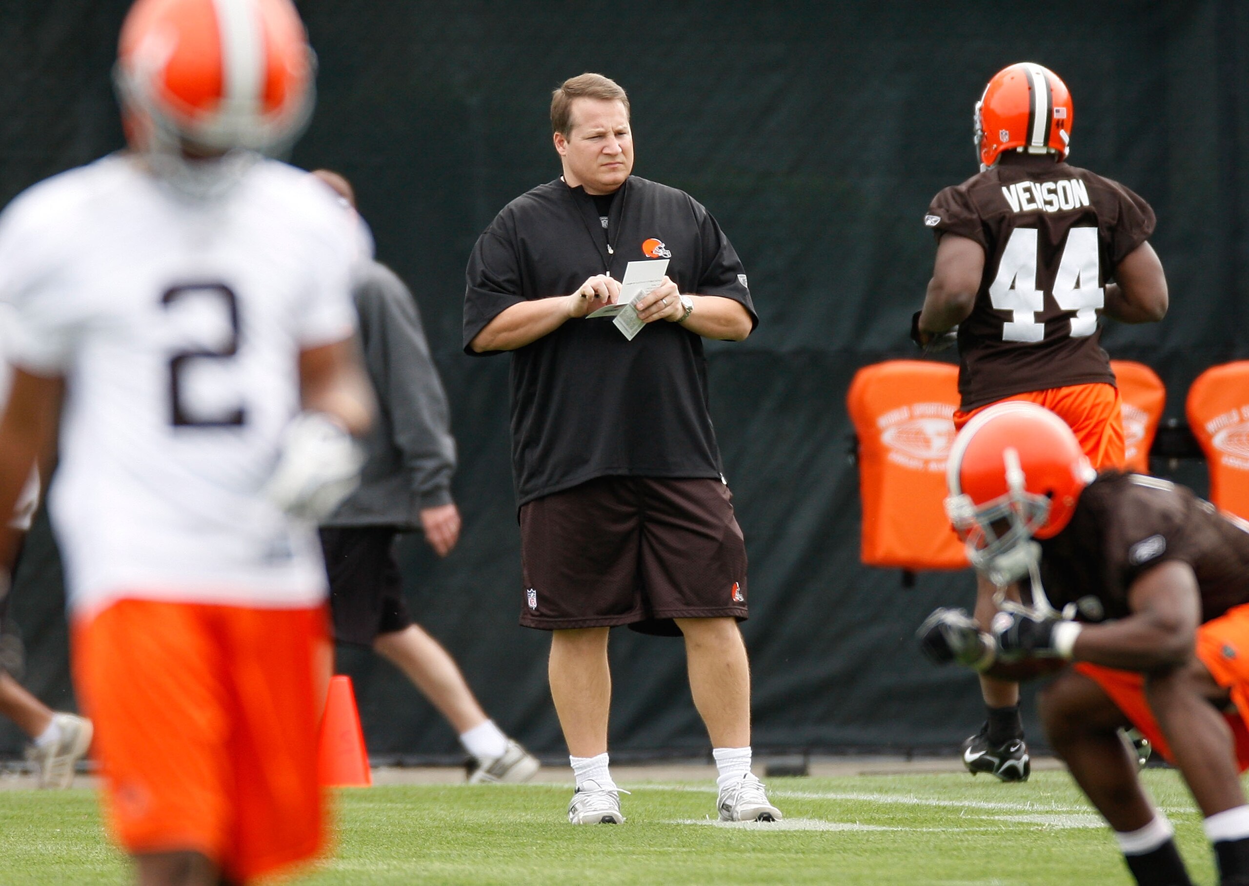 BEREA, OH - MAY 02: Head coach Eric Mangini of the Cleveland Browns looks on  during rookie mini camp at the Cleveland Browns Training and Administrative Complex on May 2, 2009 in Berea, Ohio.  (Photo by Gregory Shamus/Getty Images)