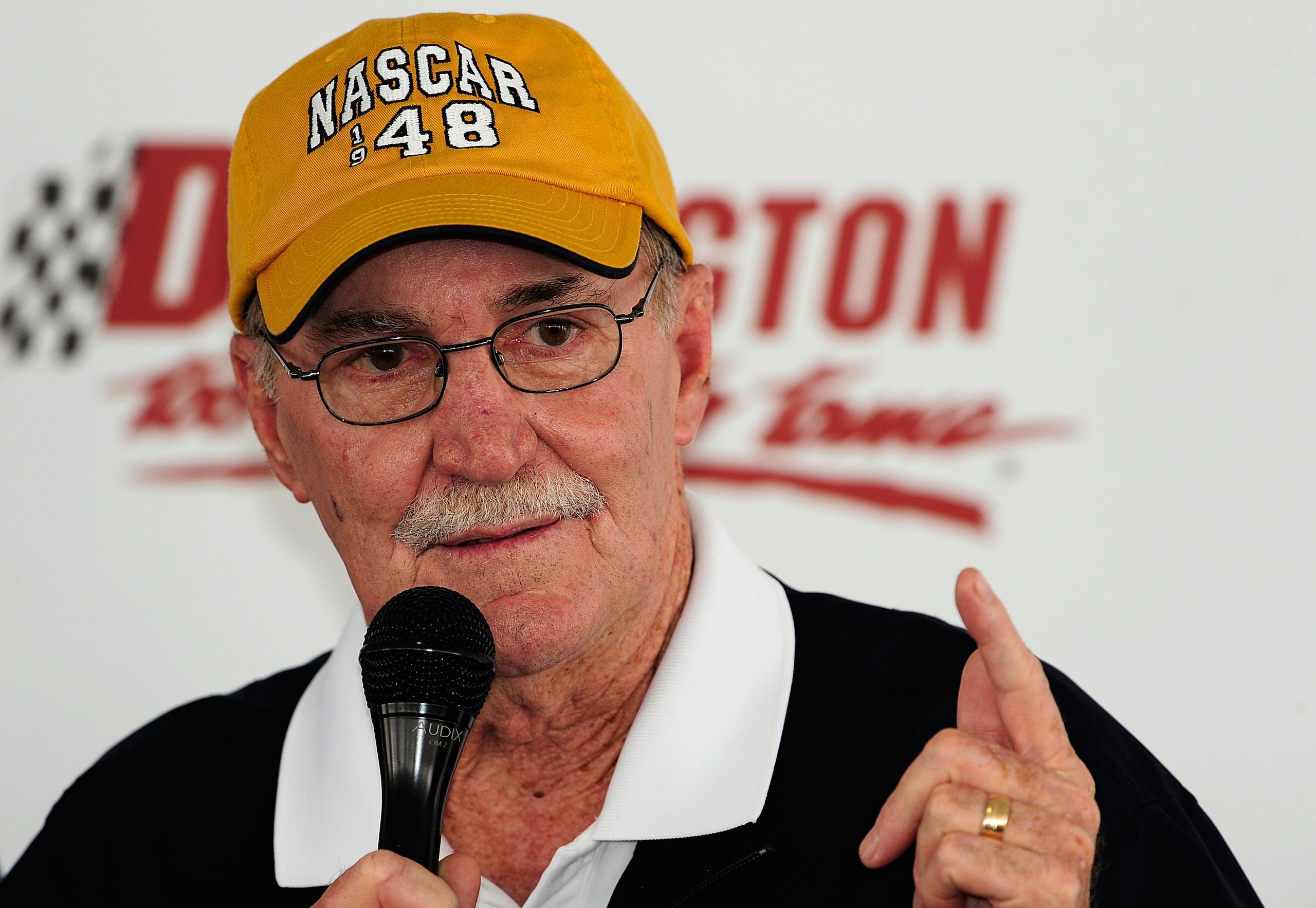 DARLINGTON, SC - SEPTEMBER 27:  NASCAR Vice President of Communications Jim Hunter speaks to fans during the Darlington Historic Racing Festival on September 27, 2009 at Darlington Raceway in Darlington, South Carolina.  (Photo by Rusty Jarrett/Getty Imag