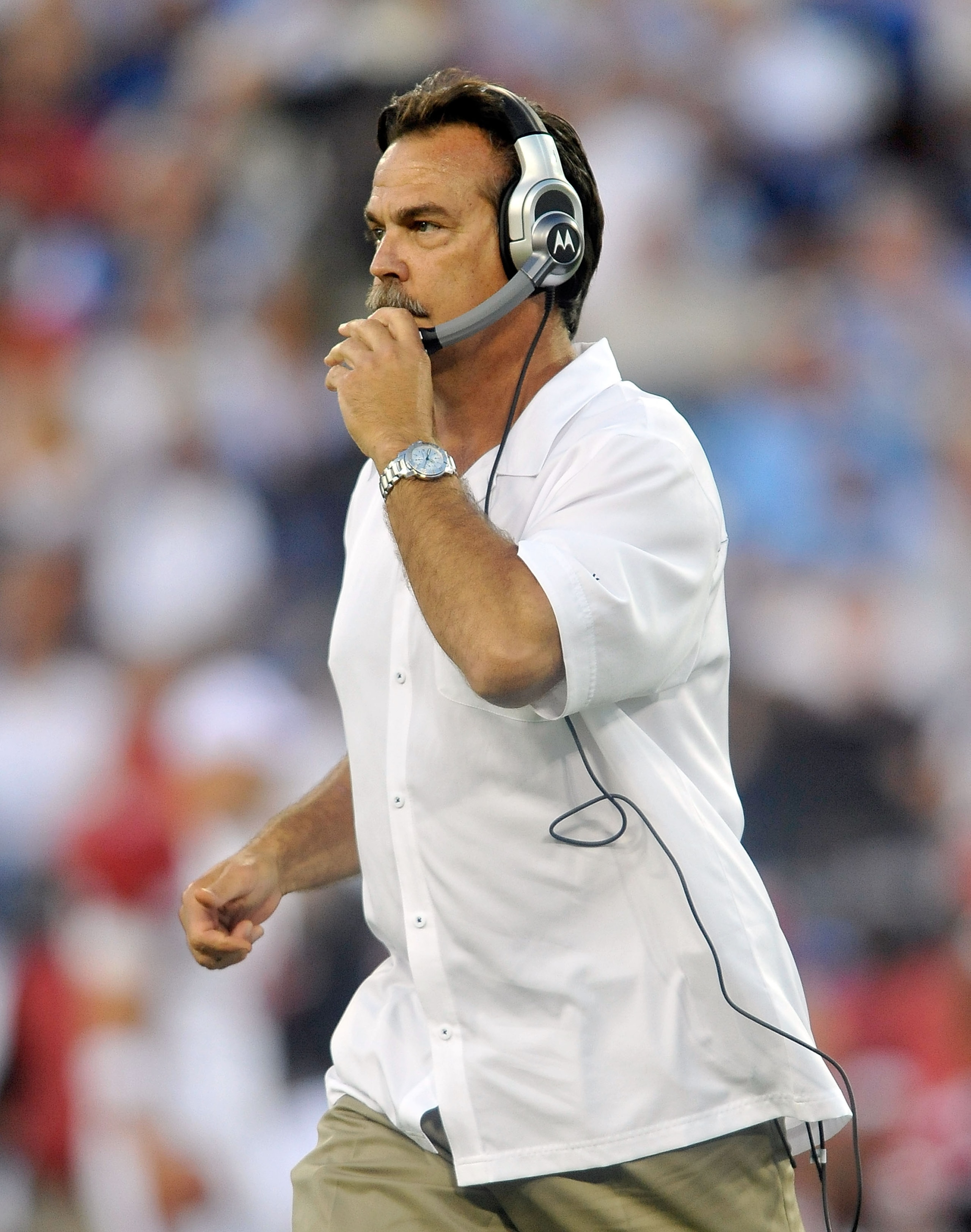 NASHVILLE, TN - AUGUST 23:  Coach Jeff Fisher of the Tennessee Titans walks the sidelines during a preseason game against the Arizona Cardinals at LP Field on August 23, 2010 in Nashville, Tennessee. Tennessee defeated Arizona, 24-10.  (Photo by Grant Hal