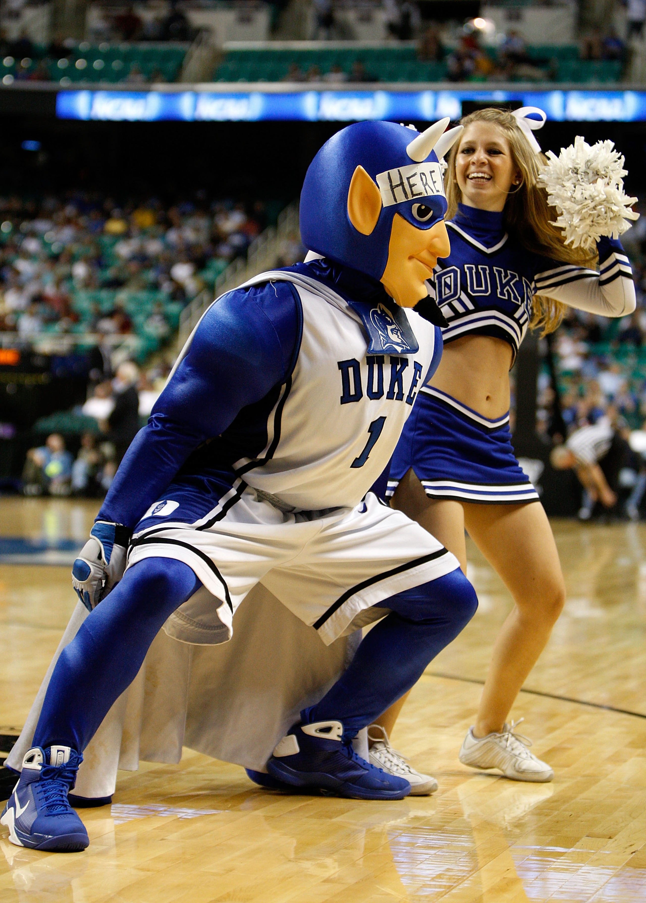 GREENSBORO, NC - MARCH 19: The Duke Blue Devils mascot cheers against the Binghamton Bearcats during the first round of the NCAA Division I Men's Basketball Tournament at the Greensboro Coliseum on March 19, 2009 in Greensboro, North Carolina. (Photo by GREENSBORO, NC - MARCH 19: The Duke Blue Devils mascot cheers against the Binghamton Bearcats during the first round of the NCAA Division I Men's Basketball Tournament at the Greensboro Coliseum on March 19, 2009 in Greensboro, North Carolina. (Photo by